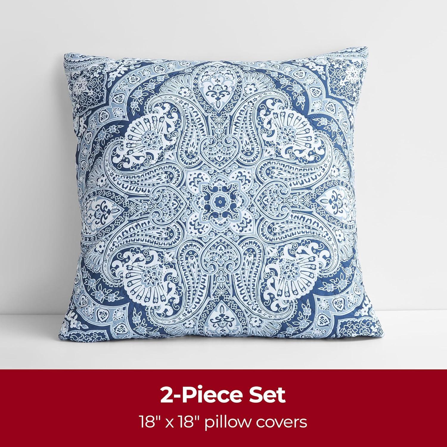 Mellanni Decorative Throw Pillow Covers with Pinsonic Quilt Stitching, 18x18, Medallion Blue, 2 Count