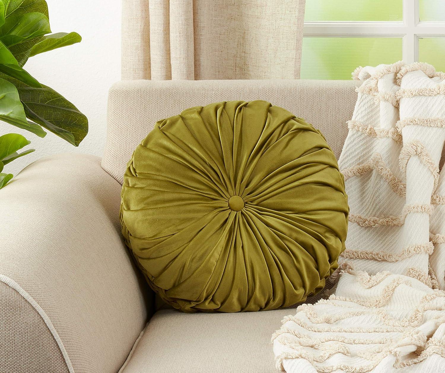 14" Velvet Pintucked Poly Filled Round Throw Pillow - Saro Lifestyle