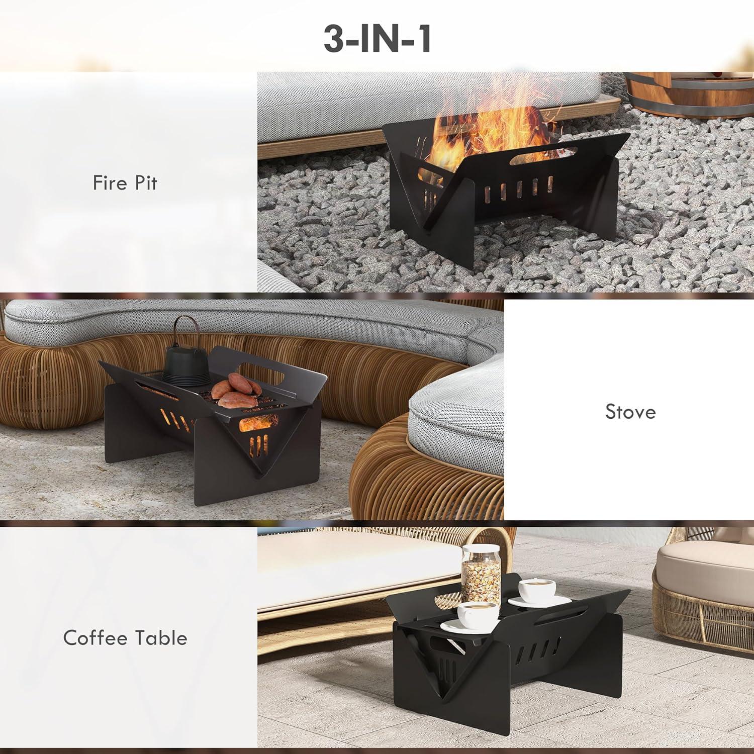 Outsunny 3-in-1 Small Portable Fire Pit, Stove, Coffee Table, Wood Burning Firepit with Carrying Bag and Quick Assembly for Camping, Bonfire, Picnic, Backyard, Patio, Black