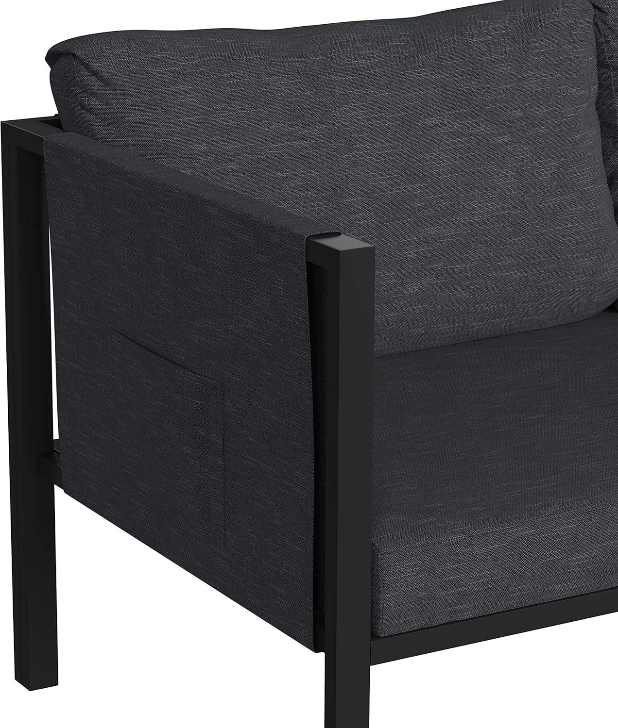 Flash Furniture Lea Indoor/Outdoor Loveseat with Cushions - Modern Steel Framed Chair with Storage Pockets, Black with Charcoal Cushions