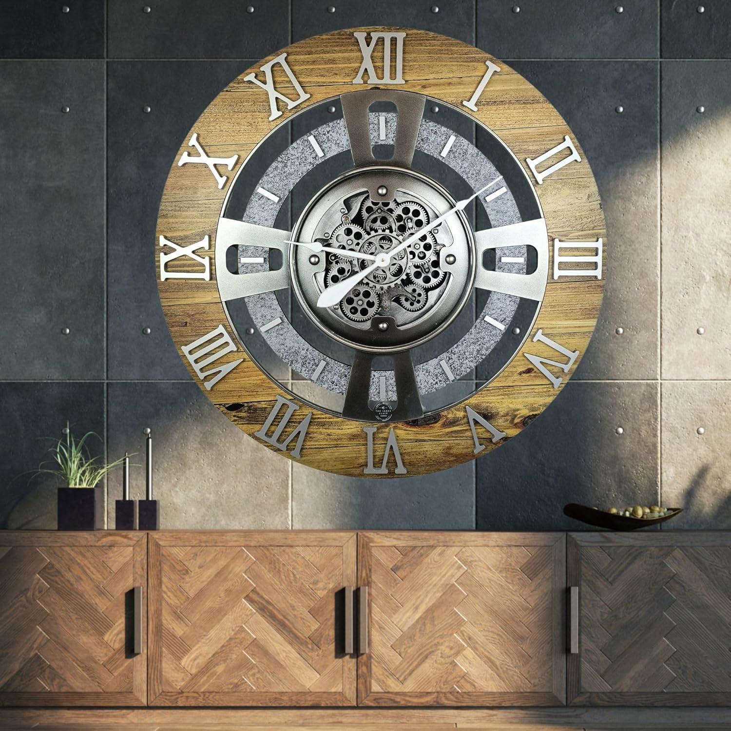 The Gears Clock Wall Clock 36" Oversized for Living Room decor with Real Moving Gears England Collection