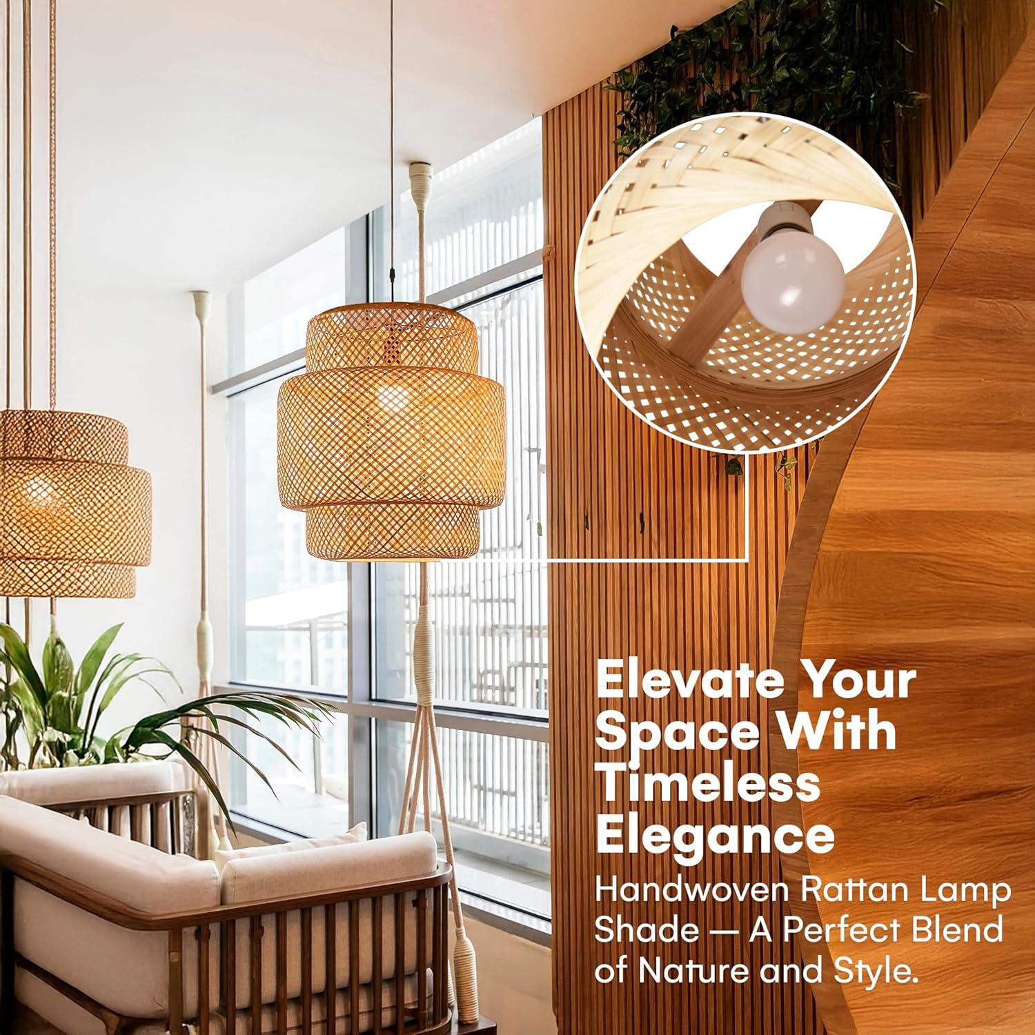 Hand Woven Rattan Lamp Shade - Bamboo Pendant Lights - Elegant Hanging Light Chandelier - Natural Boho Lighting Fixture - Dome Lamp Shade for Kitchen Island, Dining and Living Room - 14.96x15.71''