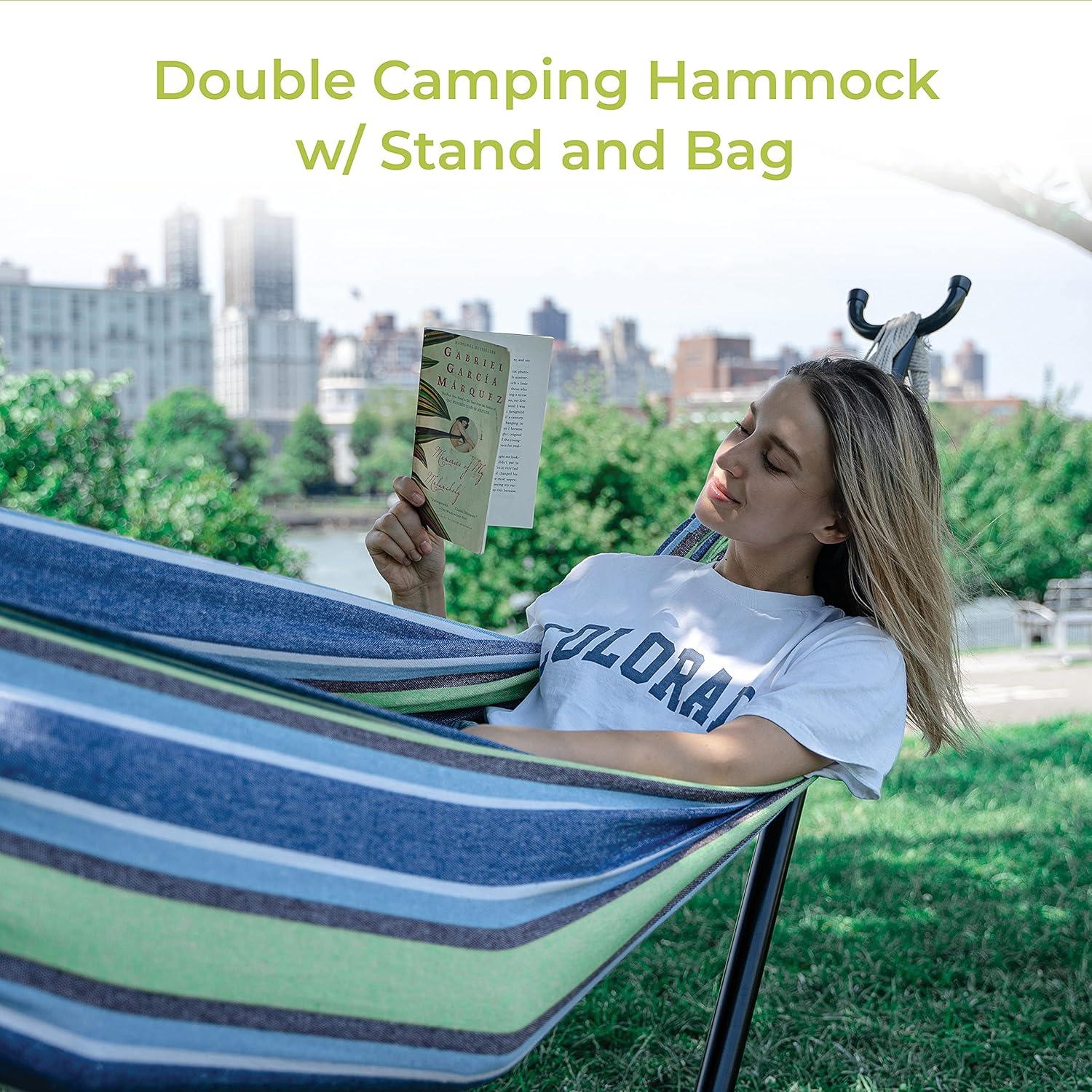 9 ft Blue and Green Cotton Double Hammock with Stand