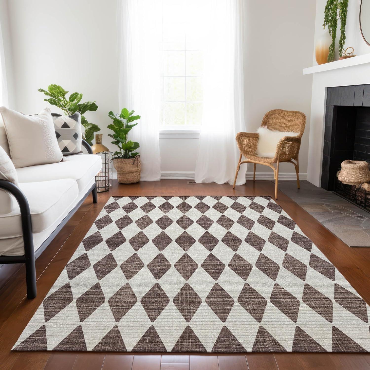 Brown Diamond Pattern Synthetic 8' x 10' Washable Rug