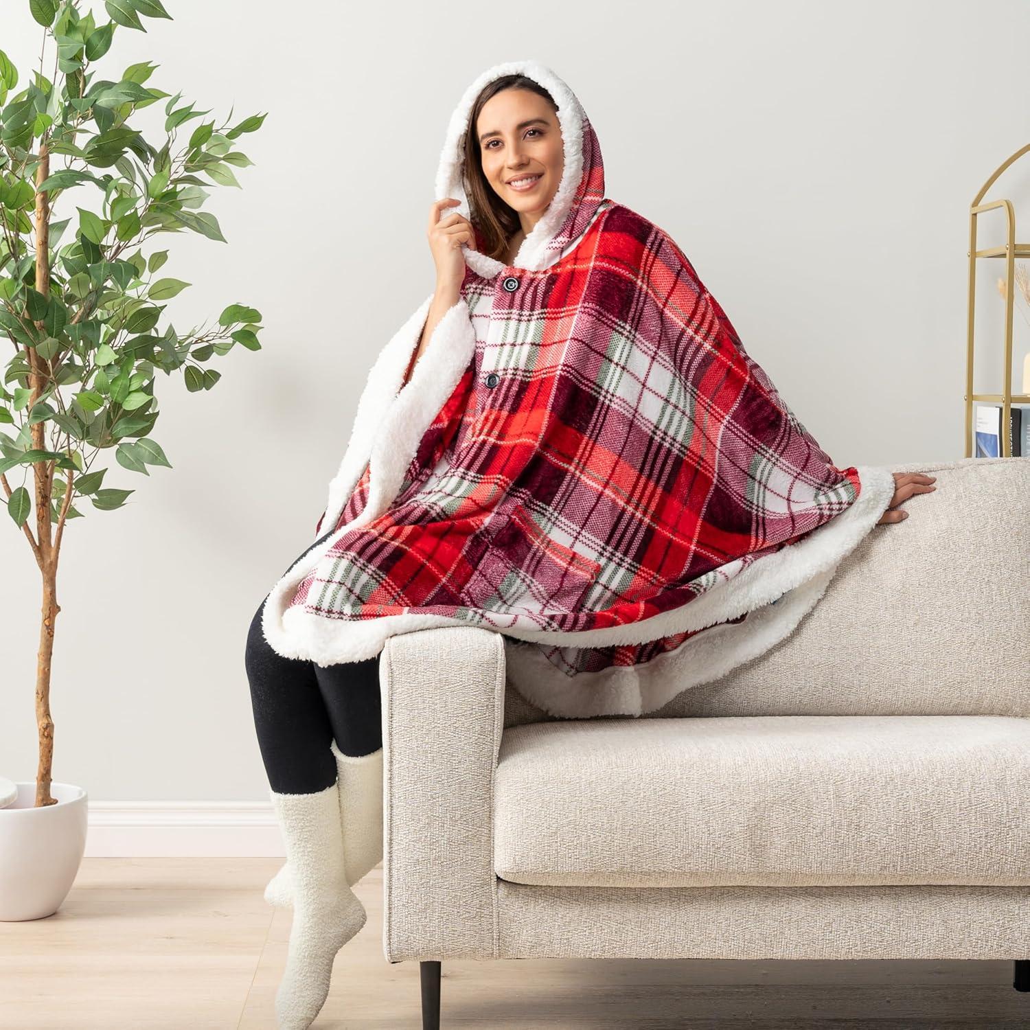 PAVILIA Angel Wrap Hooded Blanket for Women Adult, Wearable Cozy Wrap Throw Fleece Shawl Cape, Tartan Plaid/Faux Shearling