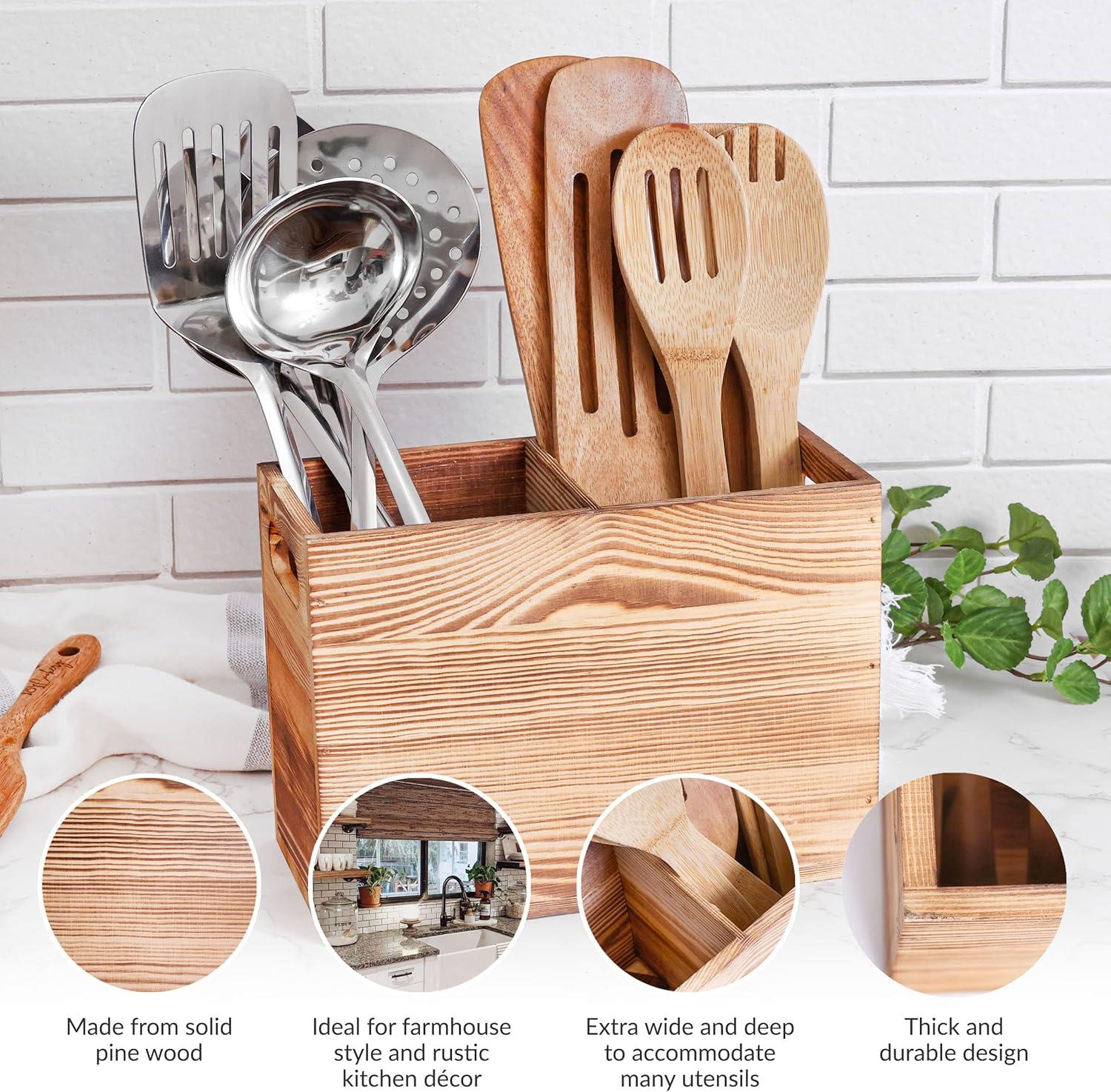 Utensil Holder in Rustic Wood for Farmhouse Décor, Cooking Tools Kitchen Storage Organizer (Double)