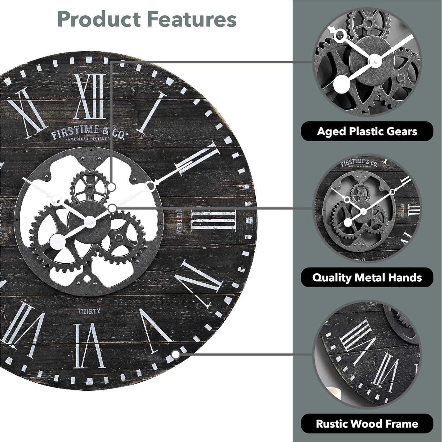 Oversized Black Shiplap Gears Wall Clock with Metal Hands