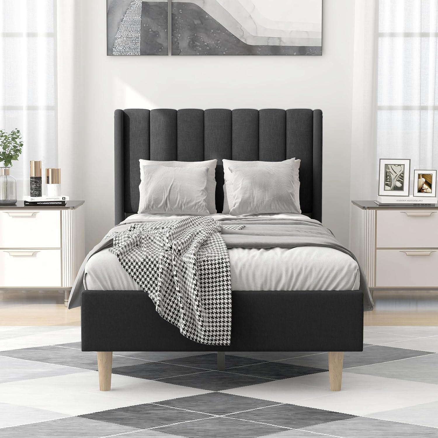 alazyhome Upholstered Platform Twin Size Bed Frame with Headboard Wooden Slats Support No Noise Easy Assembly Black Linen