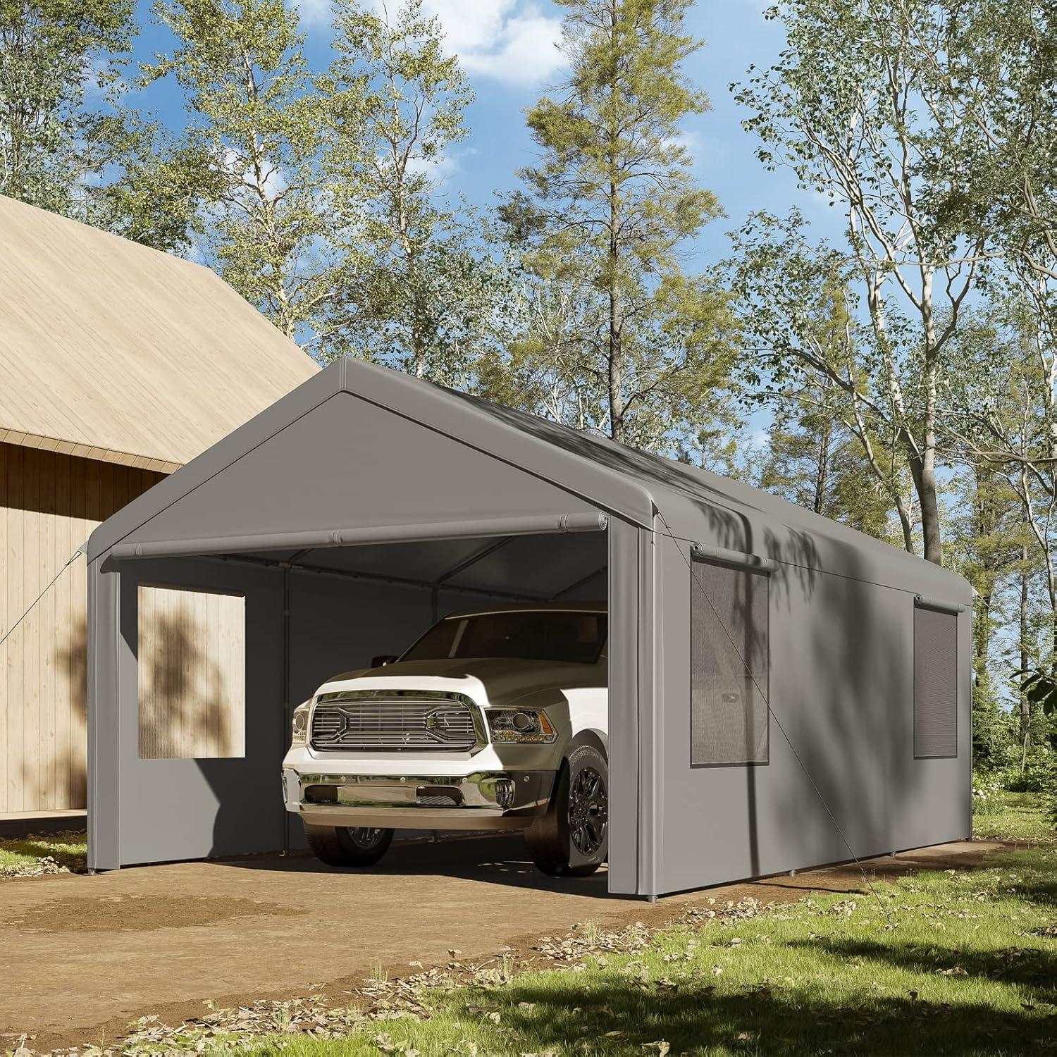 Gray 12' x 20' Portable Carport with Windows and Removable Sidewalls