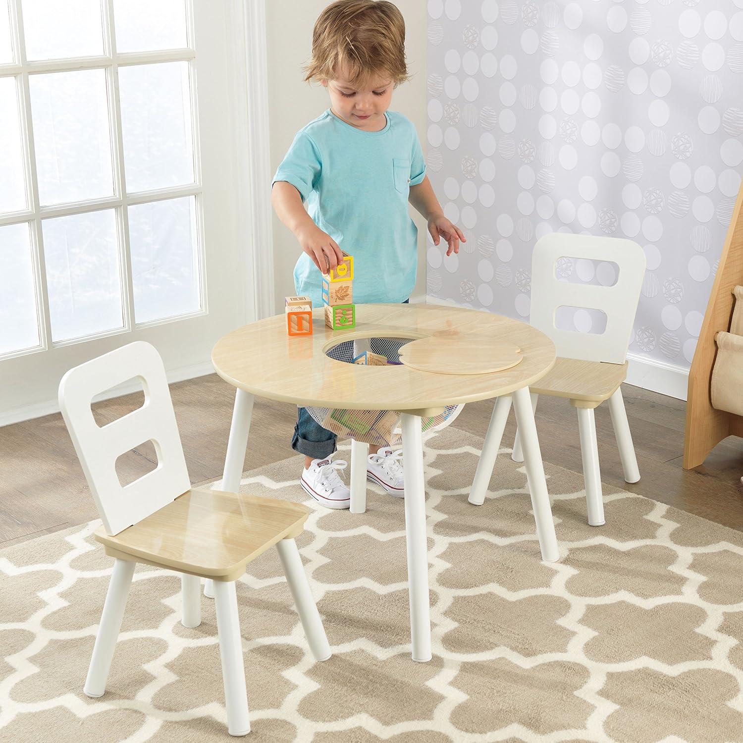 KidKraft Wooden Kids Round Storage Table & 2 Chair Set, Natural & White