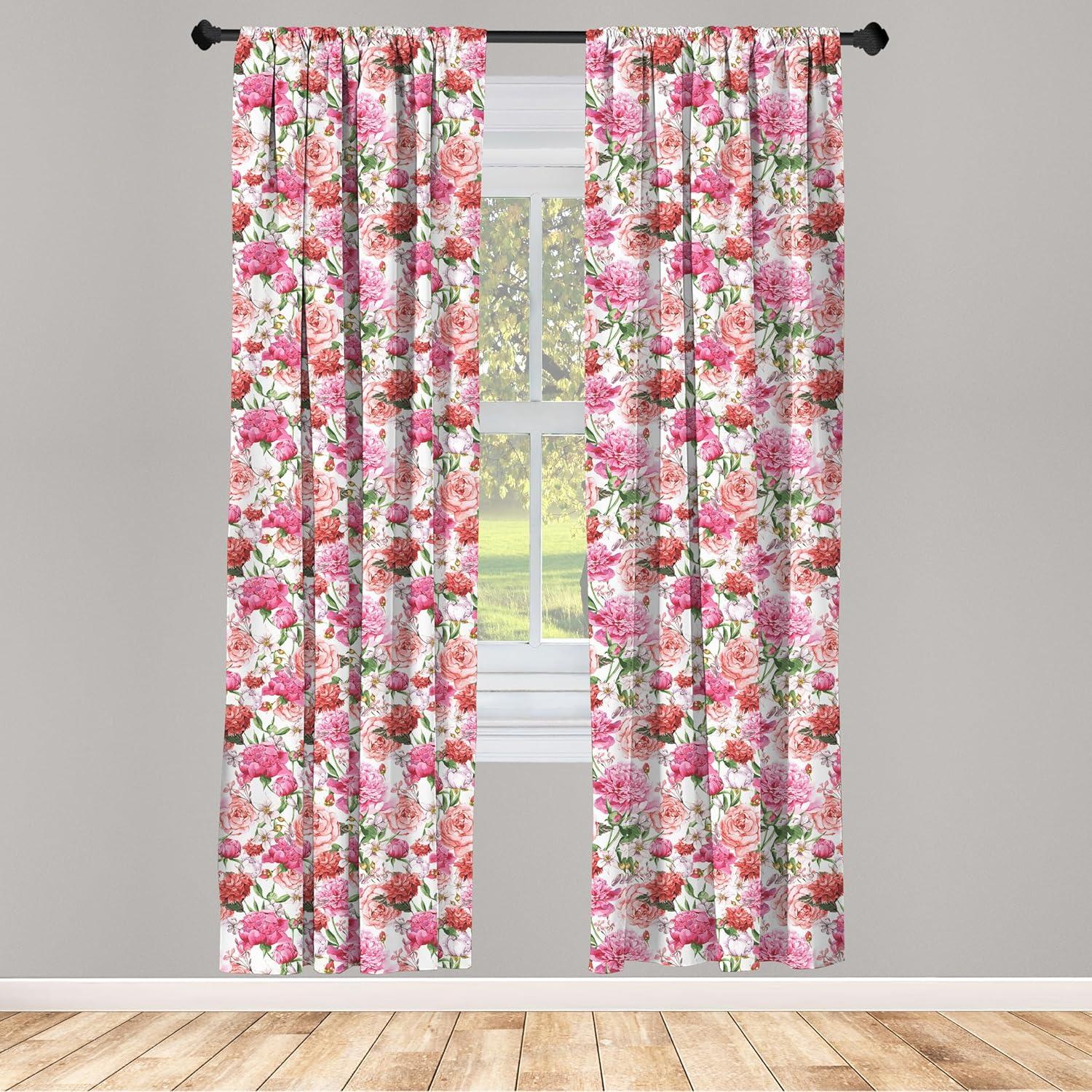 Ambesonne Watercolor Curtains, Pink Peonies Roses, Pair of 28"x63", Multicolor