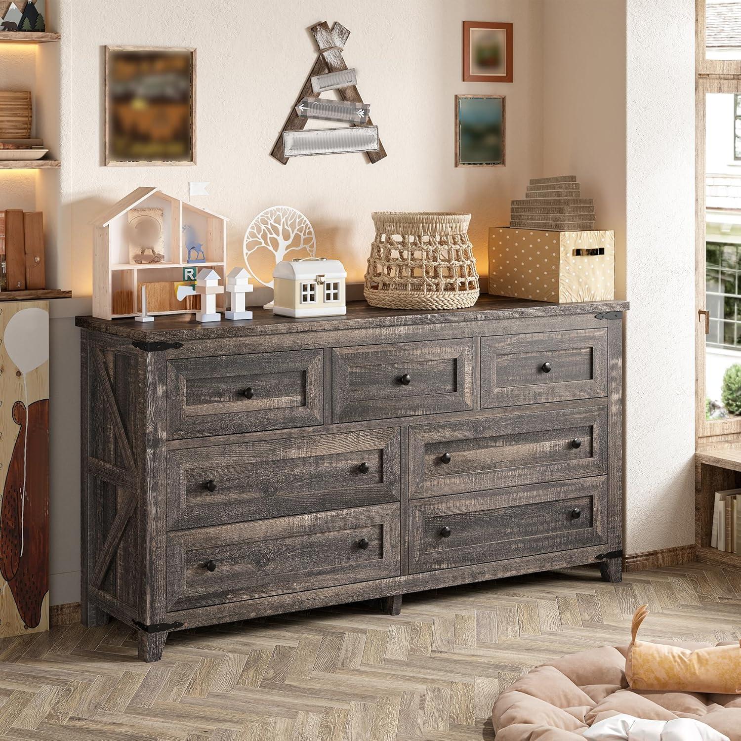 Gracie Oaks Wood Dresser For Bedroom With 7 Drawers, Farmhouse Chest Of Drawers