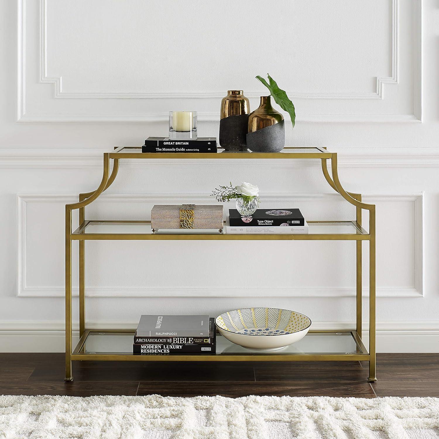 Aimee Console Table - Crosley: Elegant Steel Frame, Clear Glass Top, Fixed Shelf, Entryway Furniture