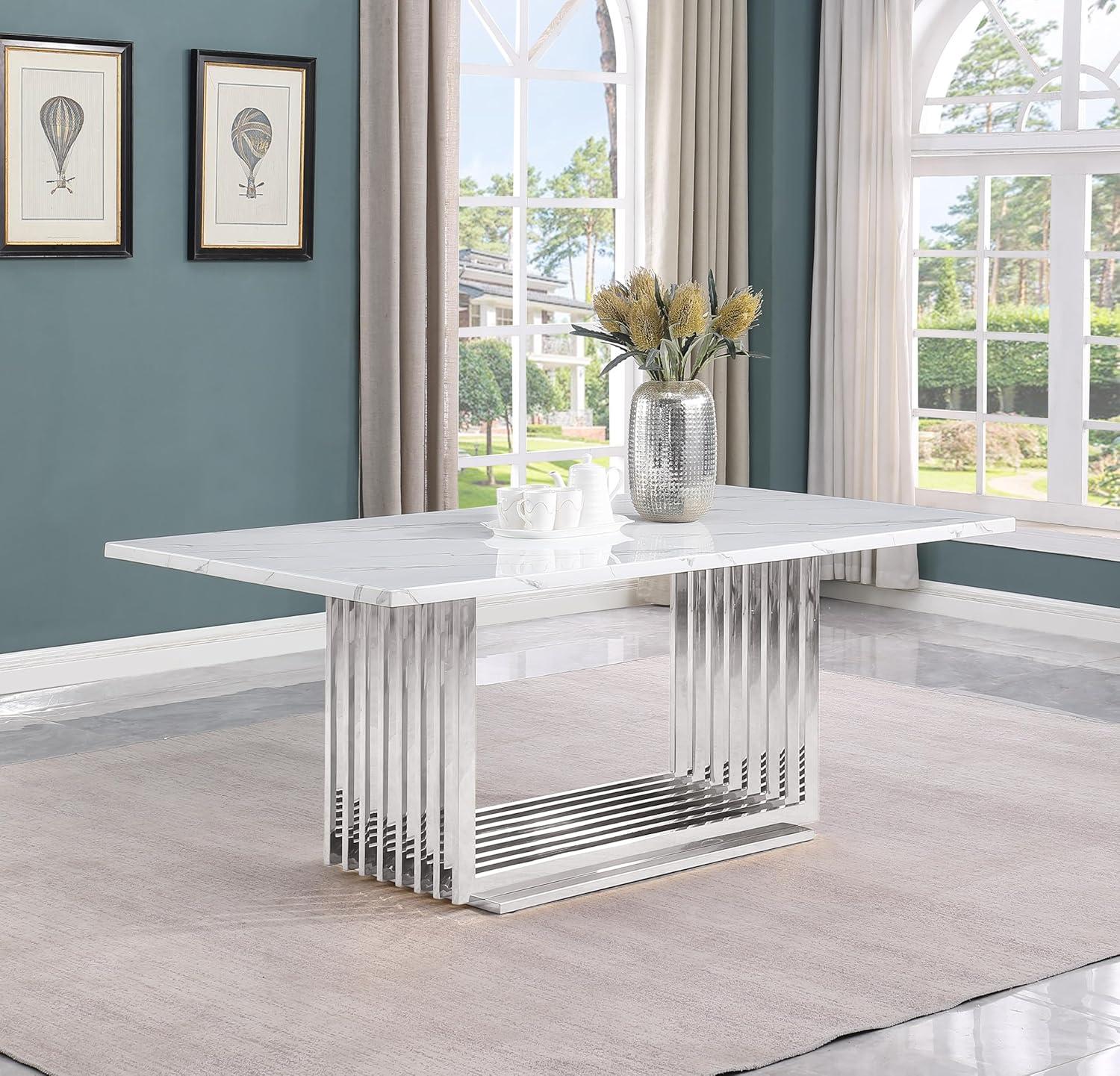 White Marble Rectangular Dining Table with Silver Base, 79-Inch