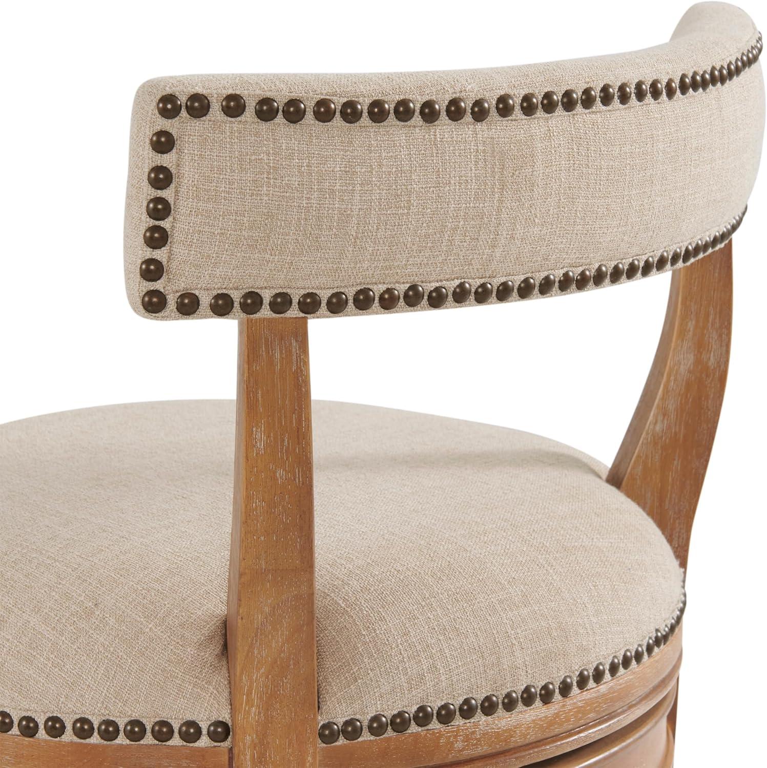 Alaterre Hanover Swivel Bar Height Stool, Weathered Brown and Beige, Solid Rubberwood Frame with Faux Linen Upholstered Seat, Nailhead Trim, Memory Return Swivel, 20 in. W x 22 in. D x 41 in. H
