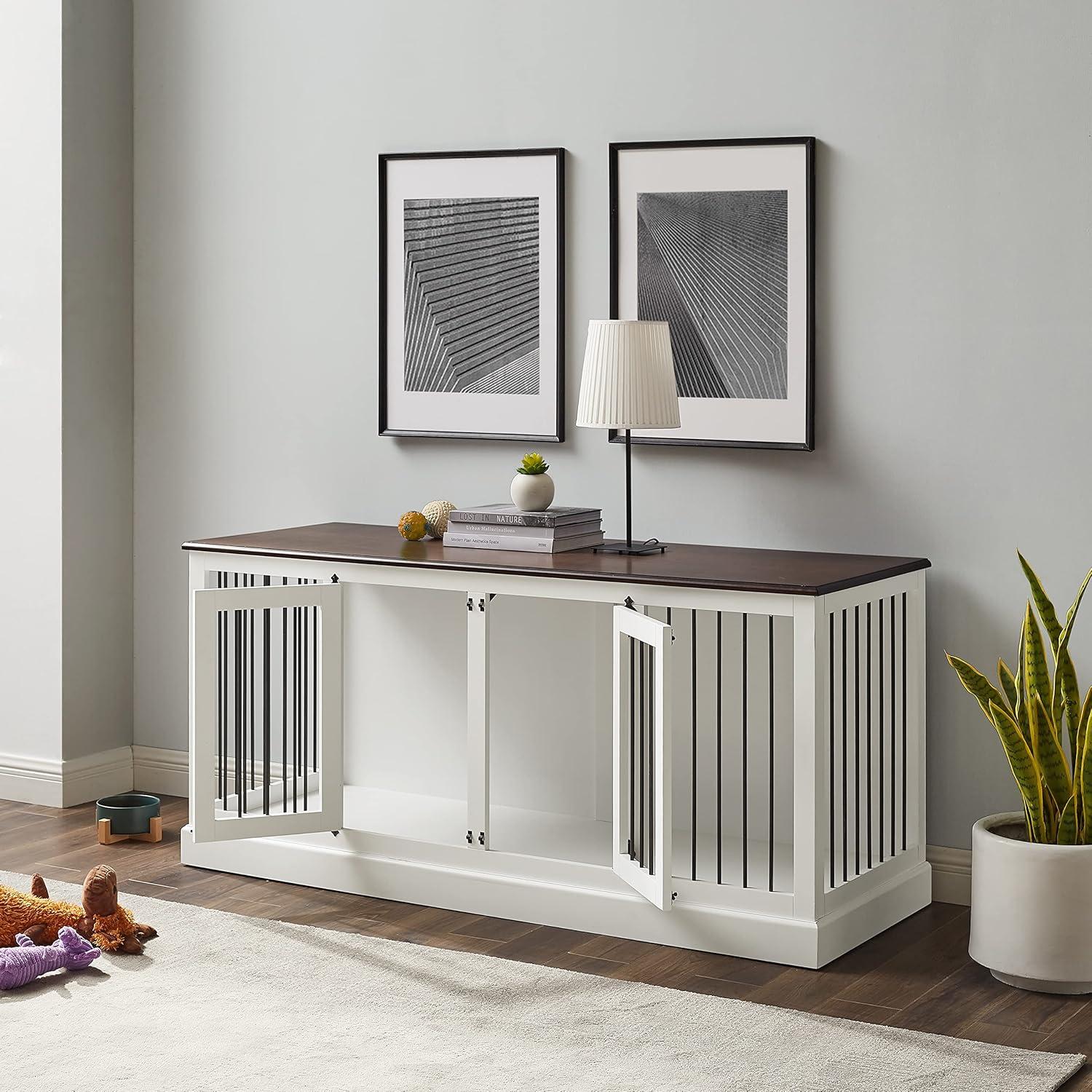 Crosley Winslow Credenza Pet Crate-Color:White/Dark Brown,Size:Medium