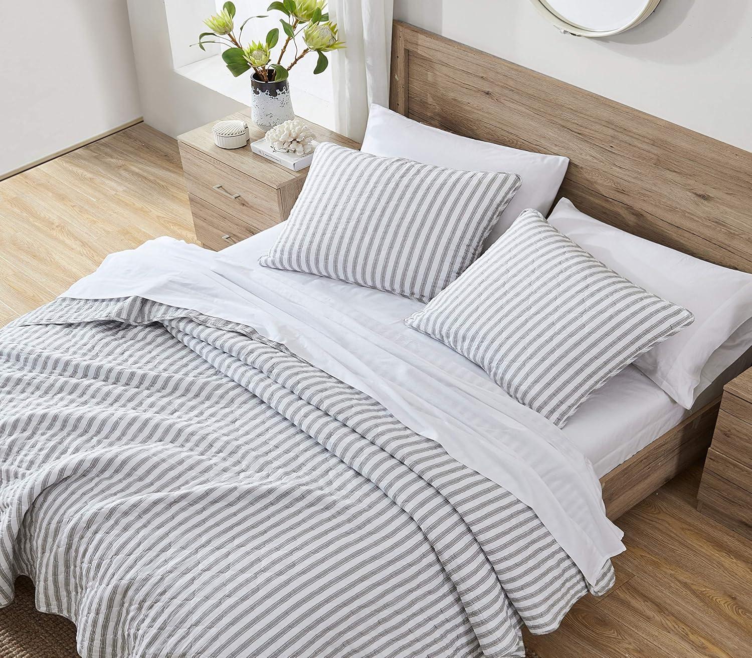 Twin Willow Way Ticking Stripe Quilt & Sham Set Gray - Stone Cottage: Cotton Twin Coverlet Set with Pillow Sham