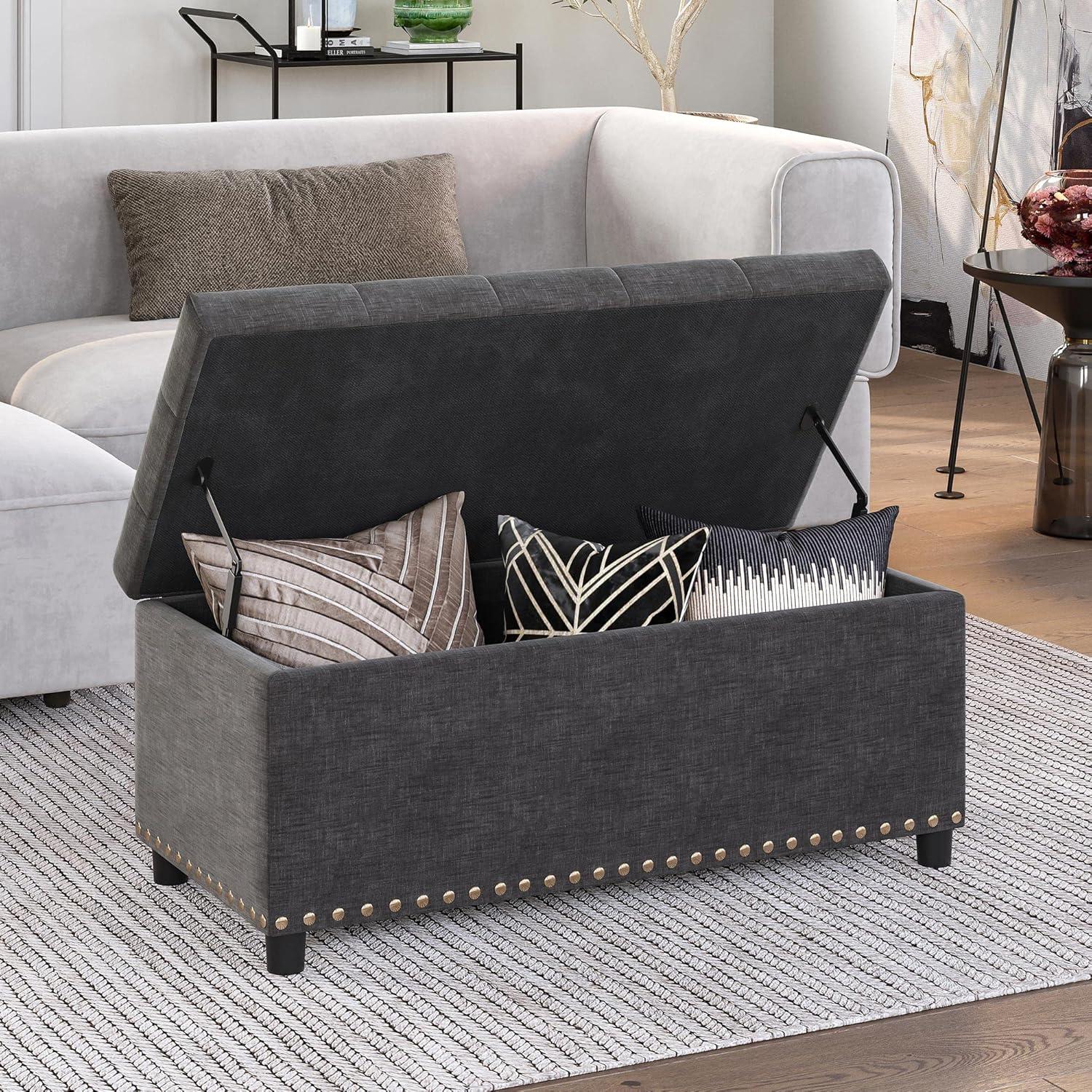 BELLEZE 35 Inch Storage Ottoman, Button-Tufted Ottoman Linen Storage Bench with Safety Close Hinge, Ottoman with Storage for Living Room, Entryway, Hallway, Foot Rest, Support 300lbs - Dark Grey