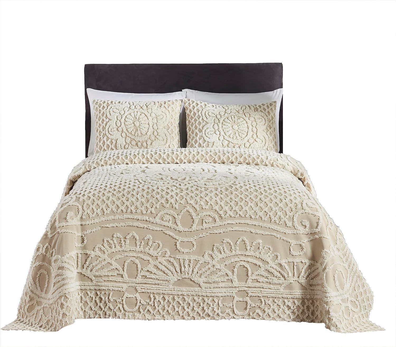 Full Size Beige Cotton Chenille Bedspread Set