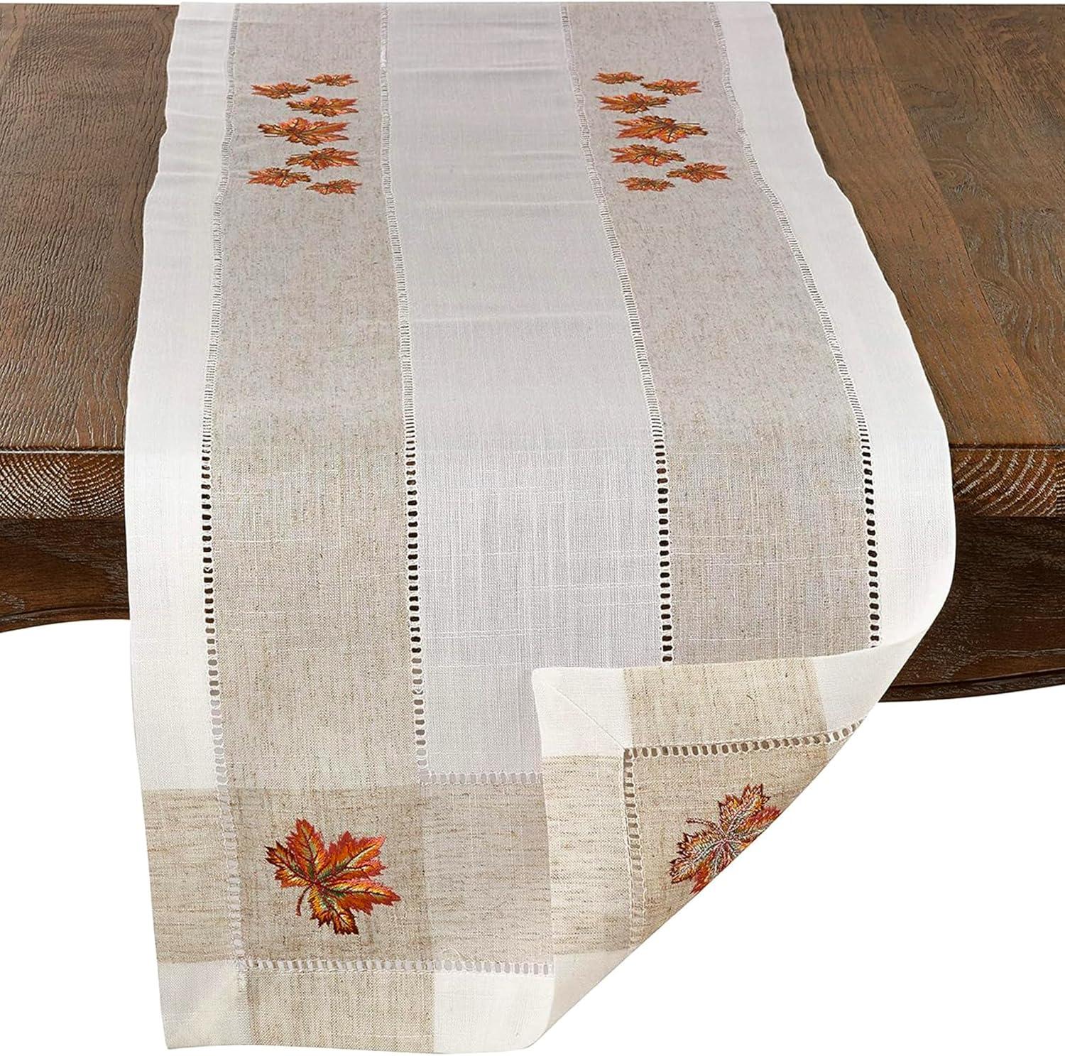 Saro Lifestyle Embroidered Table Runner With Leaf Hemstitch Design, 15"x70", Off-White