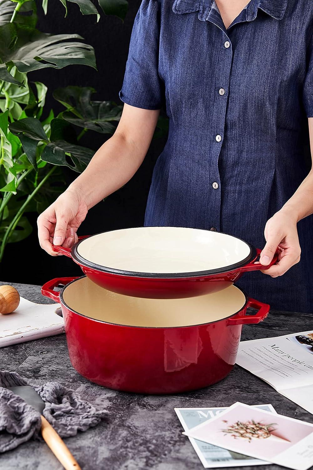 Red Enameled Cast Iron 7-Quart Dutch Oven with Porcelain Lid