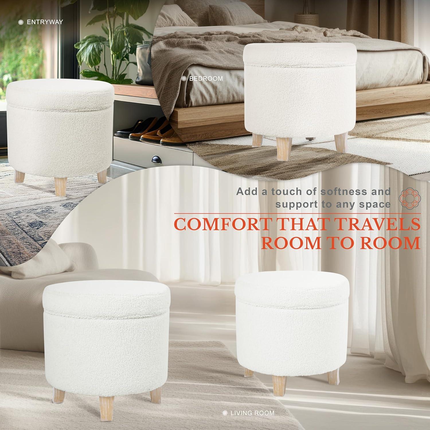 Cole Classics Round Storage Ottoman Flared Wood Leg Faux Sheepskin Cream - HomePop