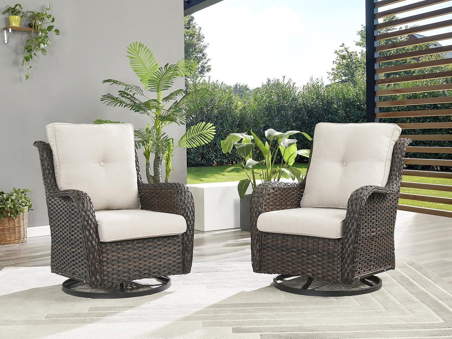POCASSY 3 Piece Patio Set Outdoor Wicker Glider Rocking and Swivel Chairs with Side Table and Cushions - Patio Wicker Bistro Furniture Set, Brown Rattan & Beige Cushion