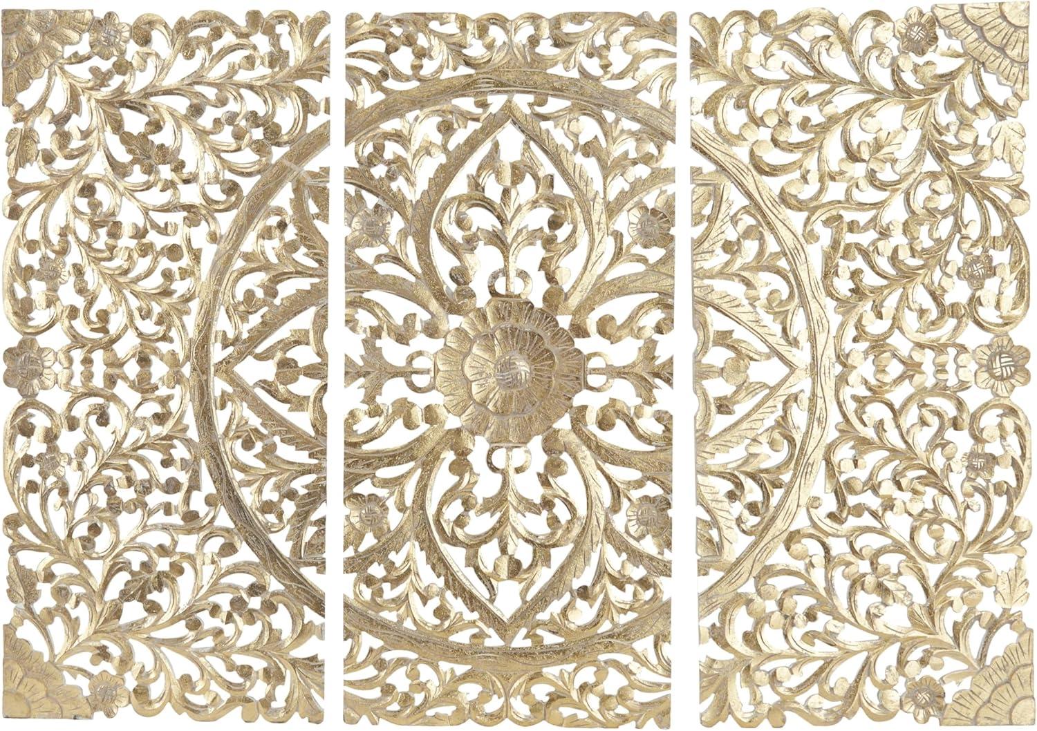 Gold Pinewood Hand-Carved Floral Wall Panels, Set of 3