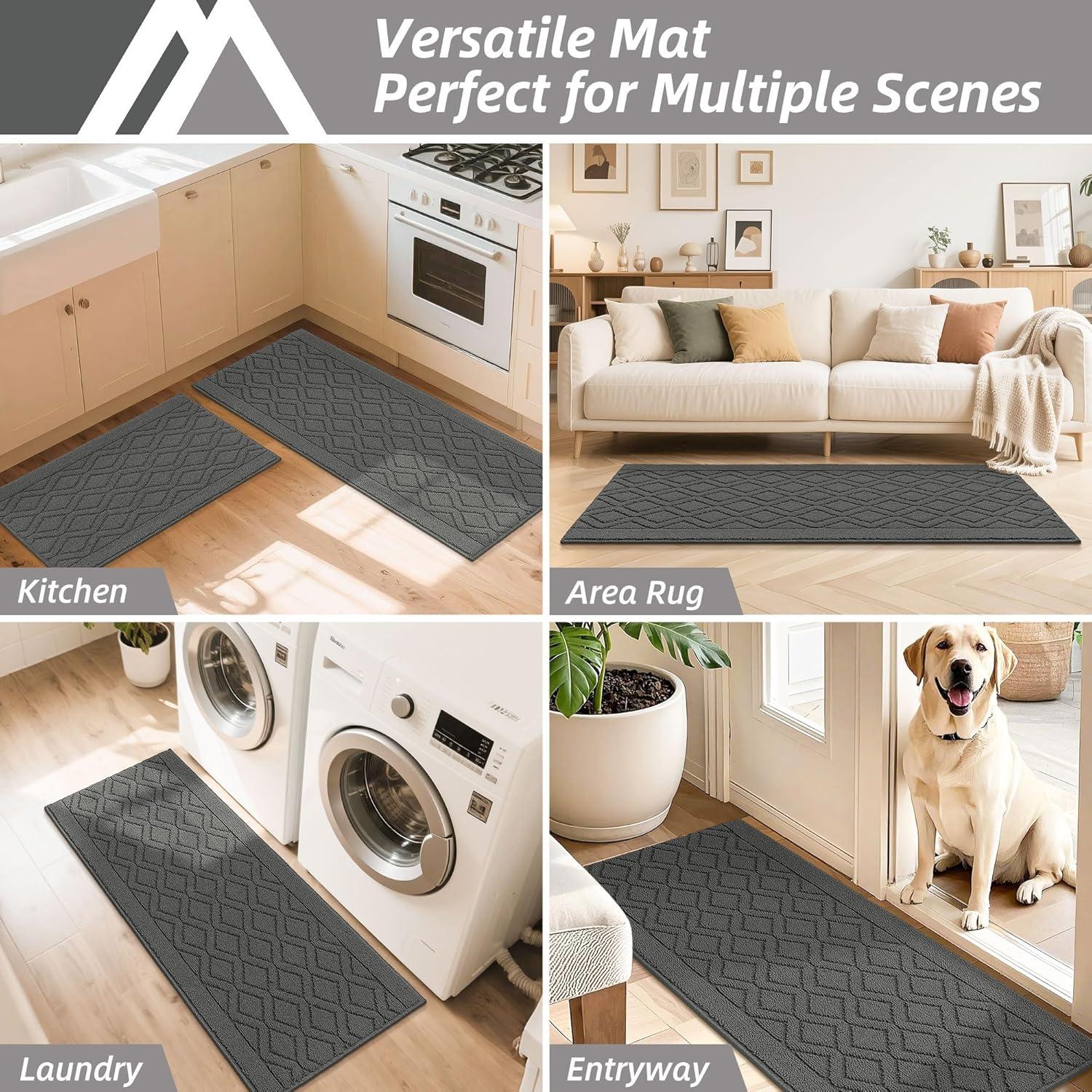 FloorHug Kitchen Rugs and Mats 2 PCS, 20"x30"+20"x48", Absorbent and Stain-Resistant Kitchen Mats Non-Slip, Kitchen Runners Machine Washable, Rugs for Kitchen, Laundry Room, Entrance, Grey