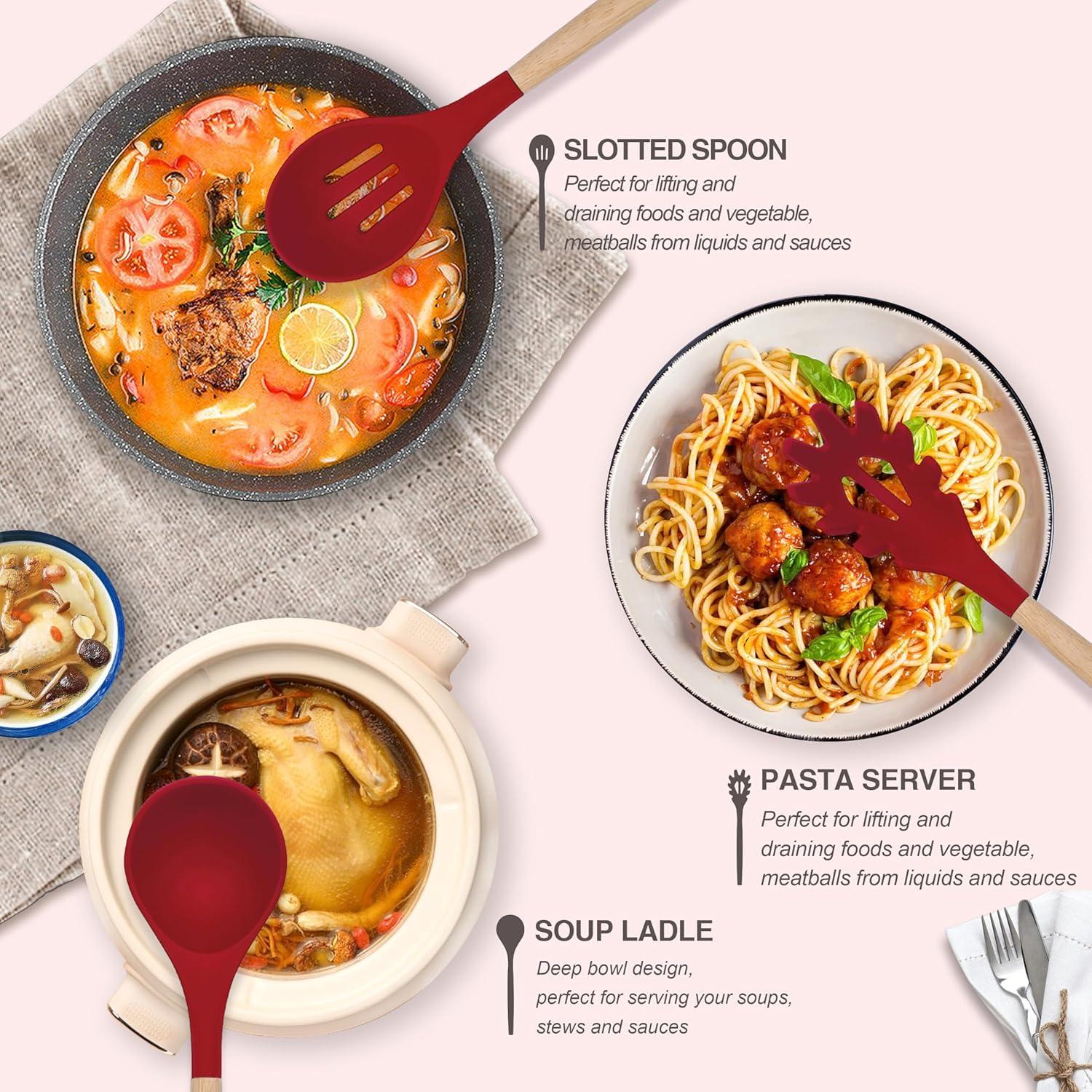 Silicone Kitchen Utensils, 12 Piece Non-Stick Heat Resistant Cookware Set with Wooden Utensil Handle, Black - Red