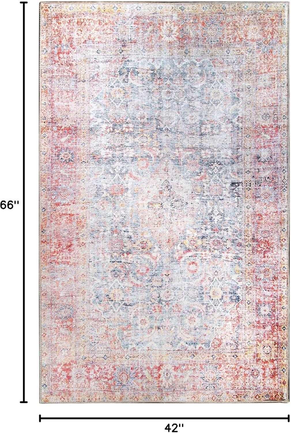 Superior Large Indoor Area Rug, Modern Floor Decor, Living/Dining Room, Kitchen, Entry, Distressed Floral, Geometric Medallion, Cotton Backing, Huda Collection, 3' 6" x 5' 6", Ruby Red