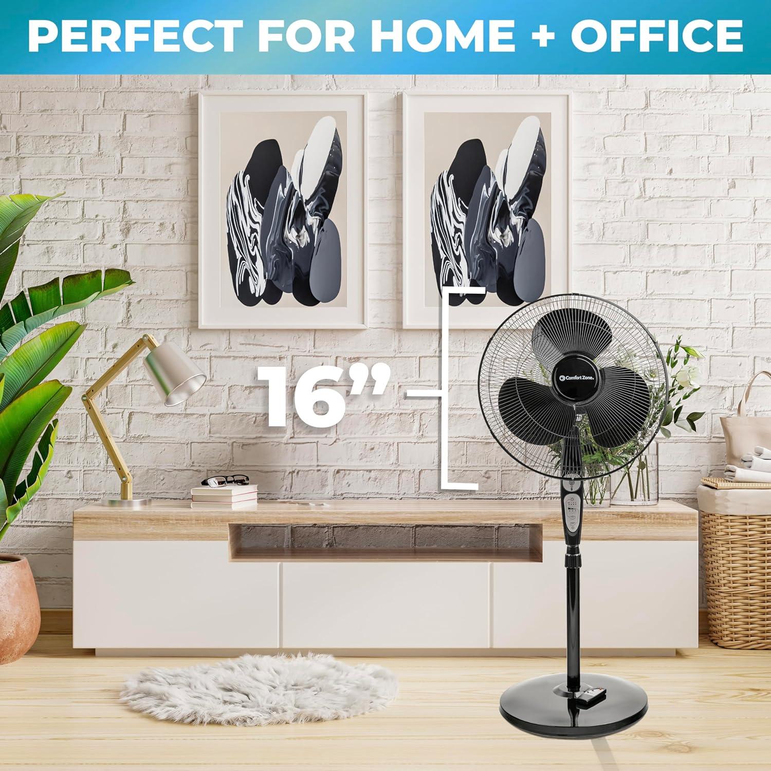 Comfort Zone 18” 3-Speed Oscillating Pedestal Fan with Remote Control, Adjustable Height, Adjustable Tilt, and Built-in Timer for Auto Shutoff, Black