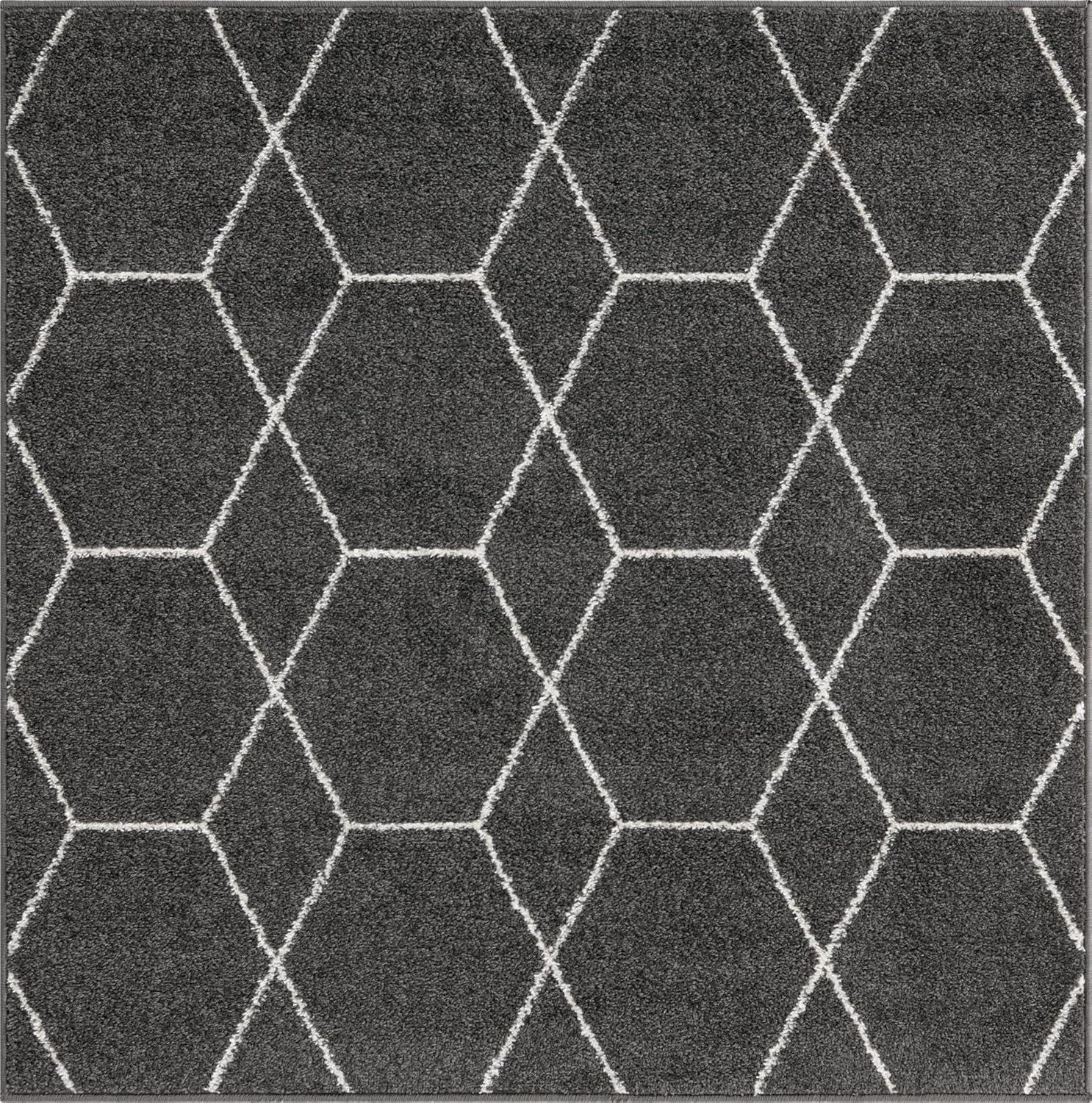 Dark Gray & Ivory Trellis 4' Square Synthetic Area Rug