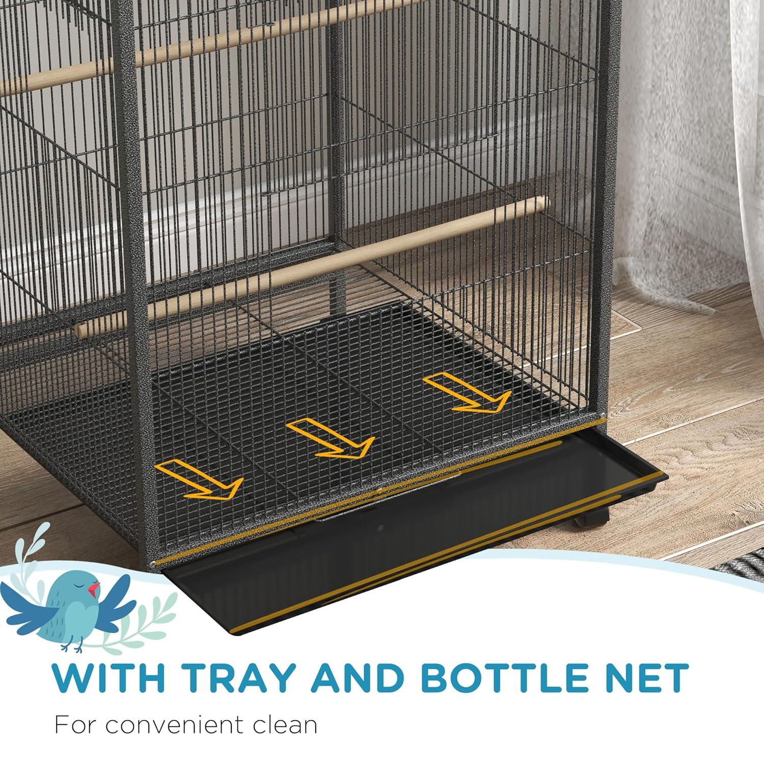 Pawhut Metal Bird Cage with Stand for Parrots, Lovebirds, Finches, Gray