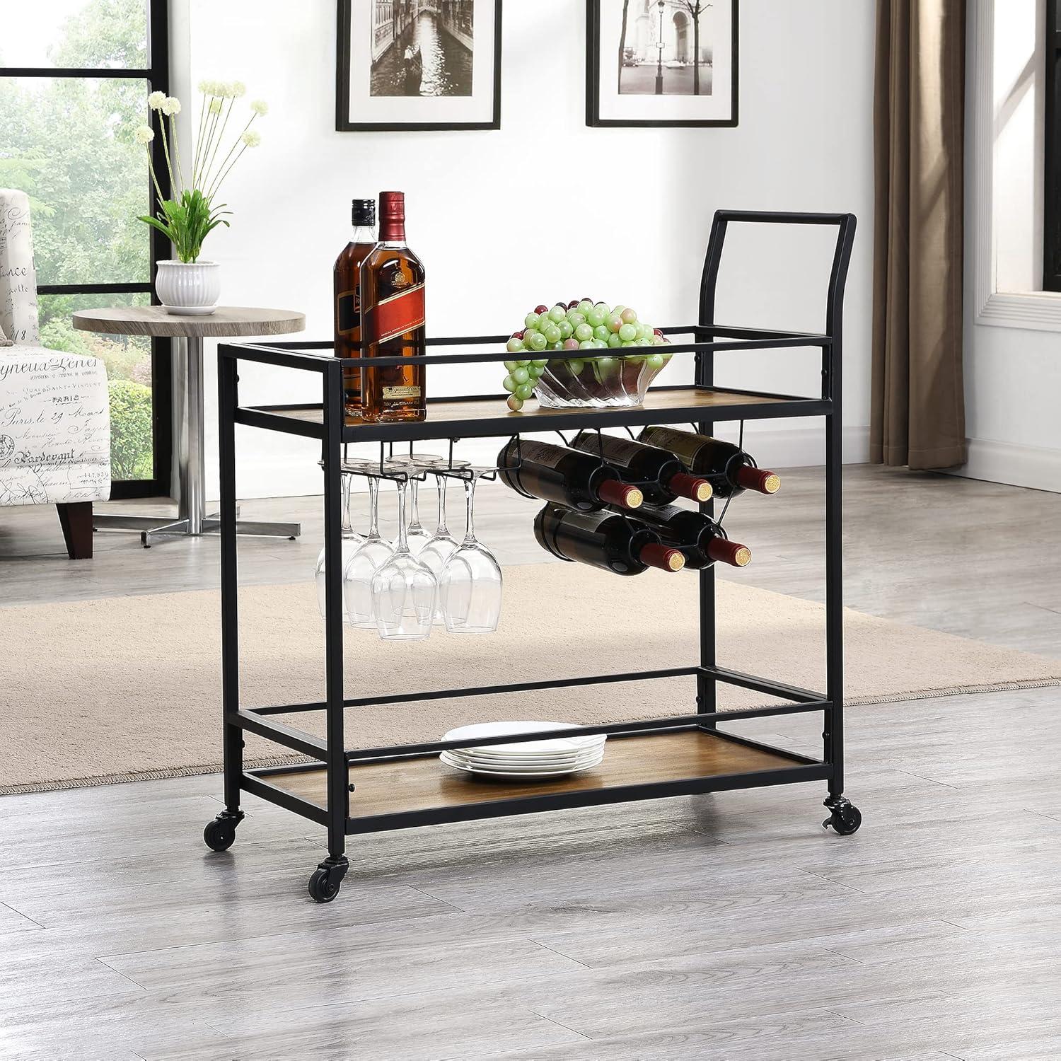 Black and Brown Industrial Bar Cart with Wine Rack