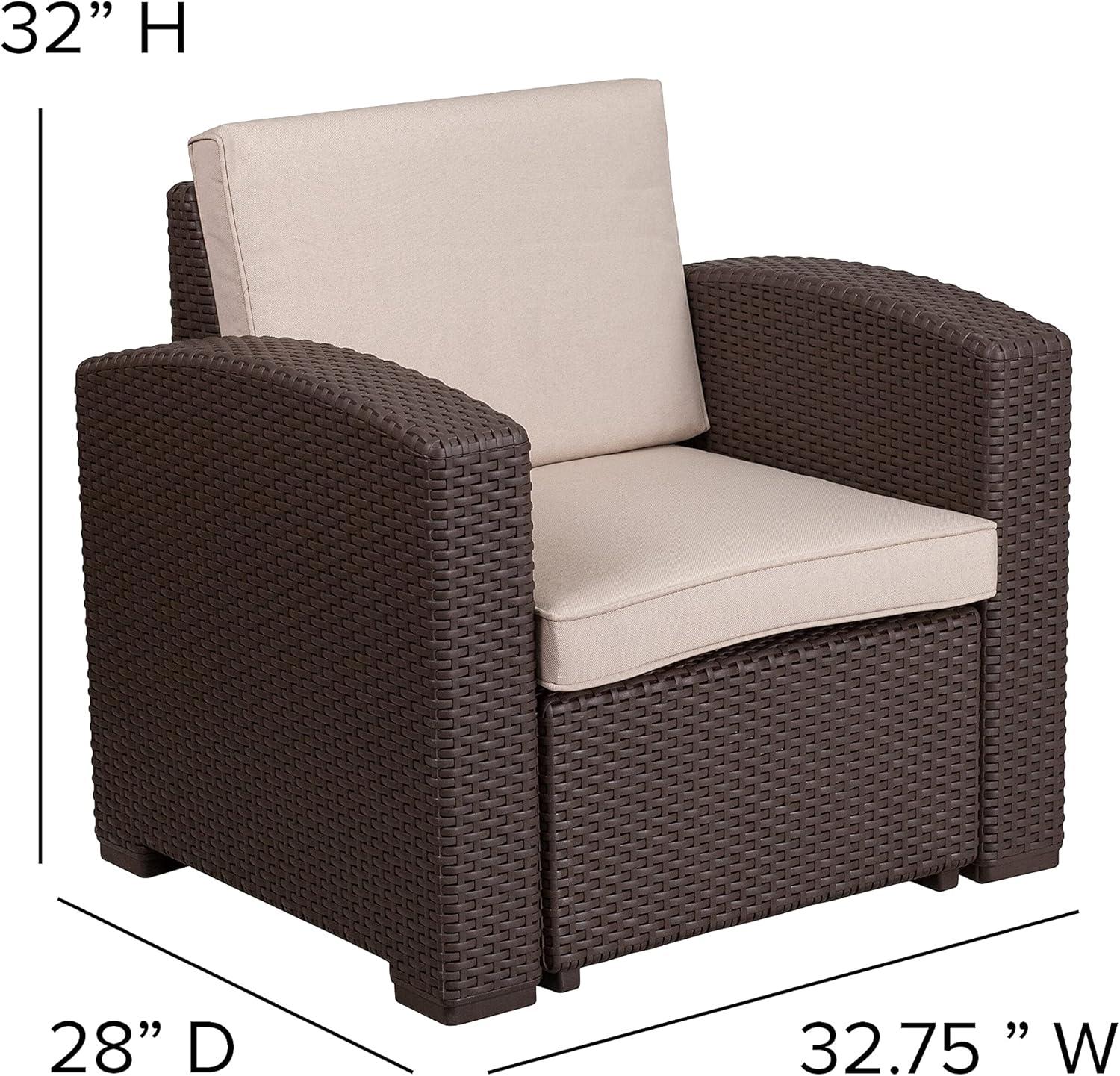 Merrick Lane 4 Piece Dark Gray Faux Rattan Patio Furniture Set with 2 Chairs and Sofa with Removable Light Gray Cushions and Table