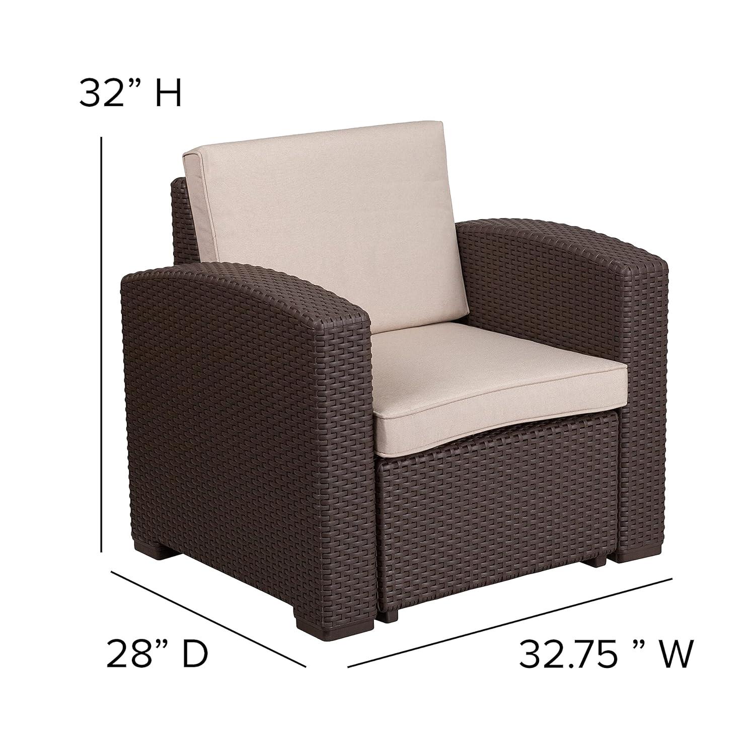 Merrick Lane 4 Piece Dark Gray Faux Rattan Patio Furniture Set with 2 Chairs and Sofa with Removable Light Gray Cushions and Table