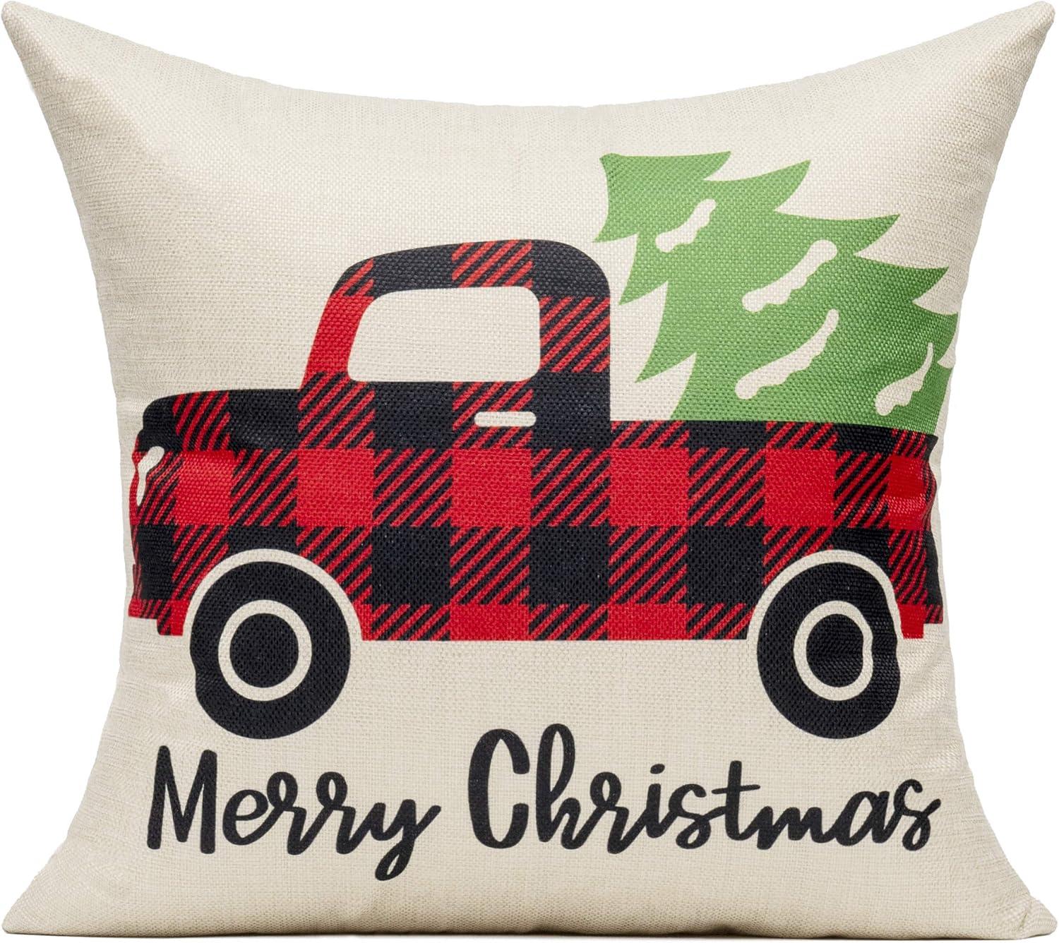 BEAUTY Merry Christmas Throw Pillow Covers 18 x 18 Inch Set of 4  Red Barn Merry & Bright Xmas Farmhouse Holiday Pillowcases for Home Outdoor Decoration CP053-18