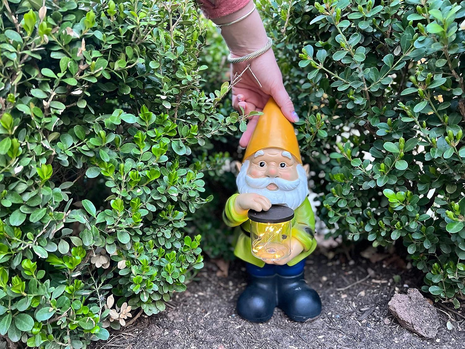 VP Home Firefly Jar Gnomes - Outdoor Garden Gnome with Solar Light - Durable Garden Decorations for Yard, Lawn, Patio - 10.5H x 7W x 5.5D - Weather-Resistant Gnome Statue