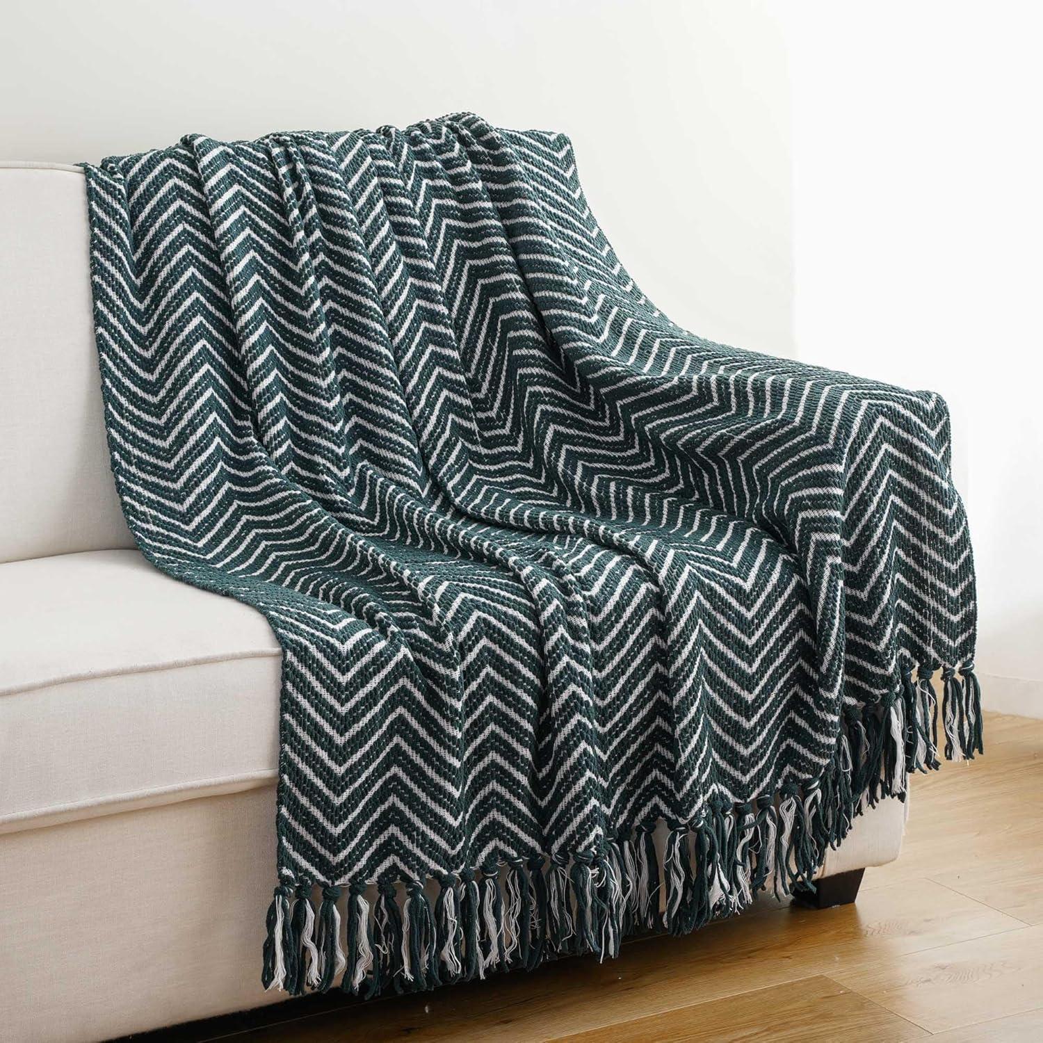 Dark Green and White Knitted Reversible Throw Blanket with Fringe