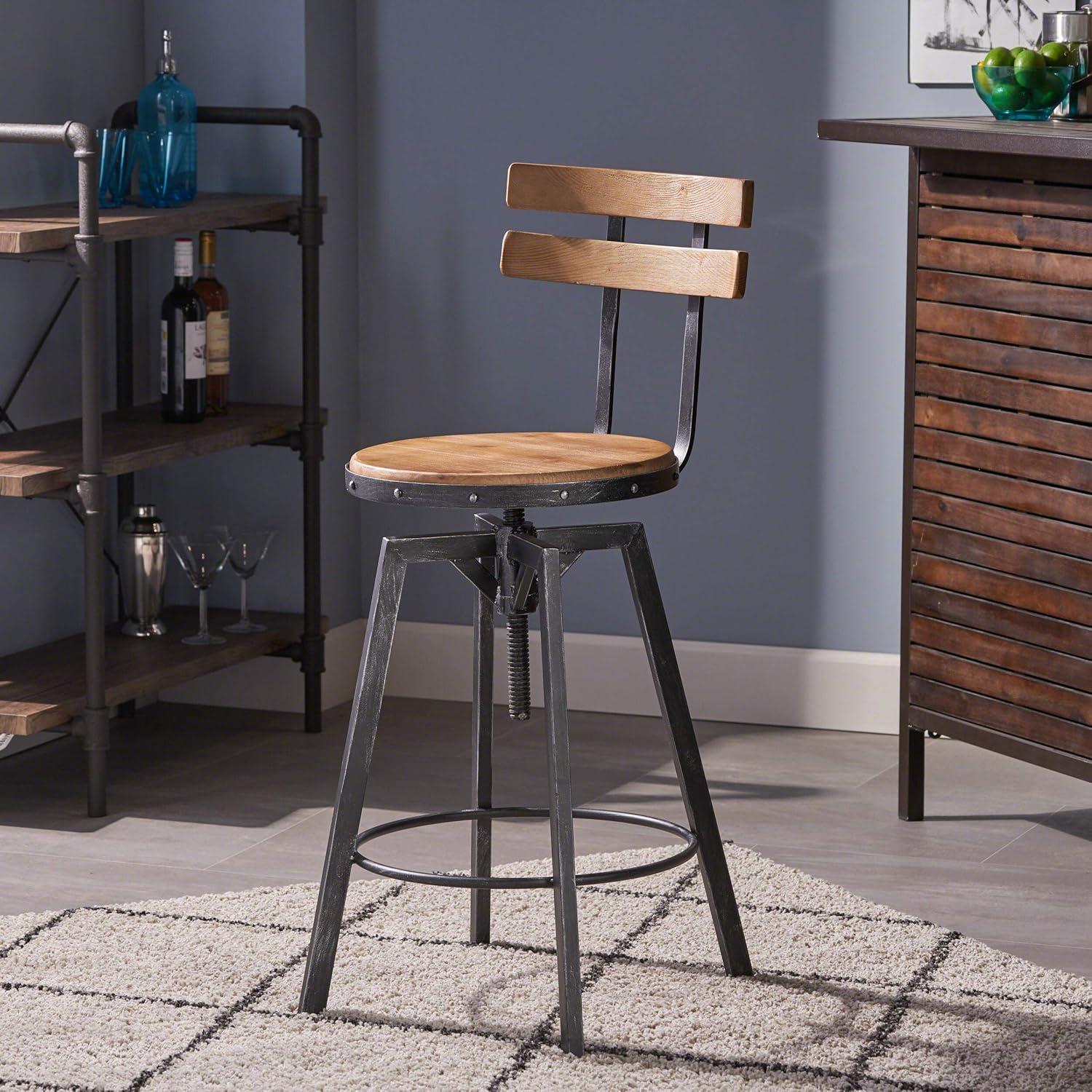 Adjustable Black Firwood and Metal Barstool with Backrest