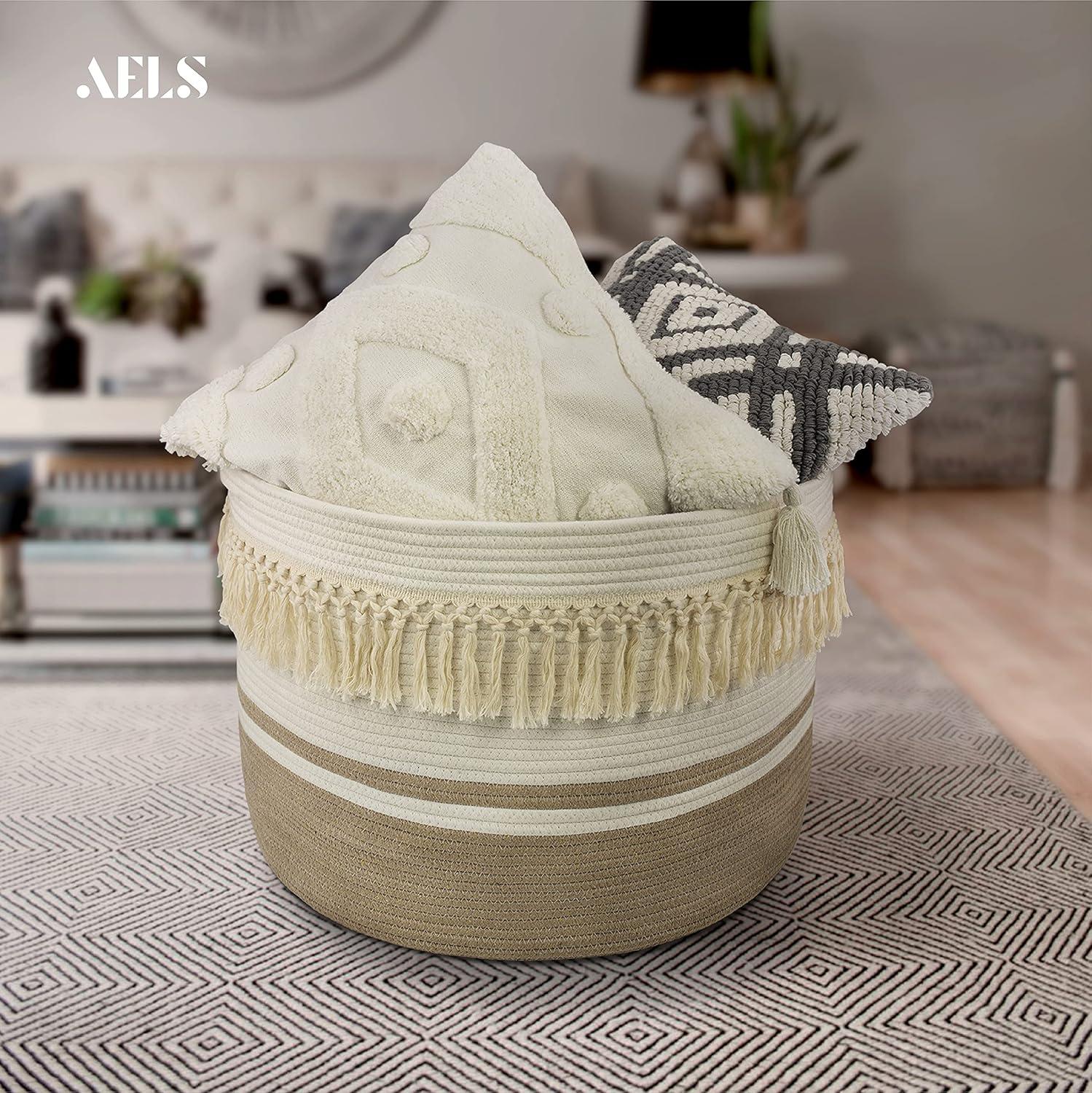 Extra Large Beige and White Round Woven Storage Basket