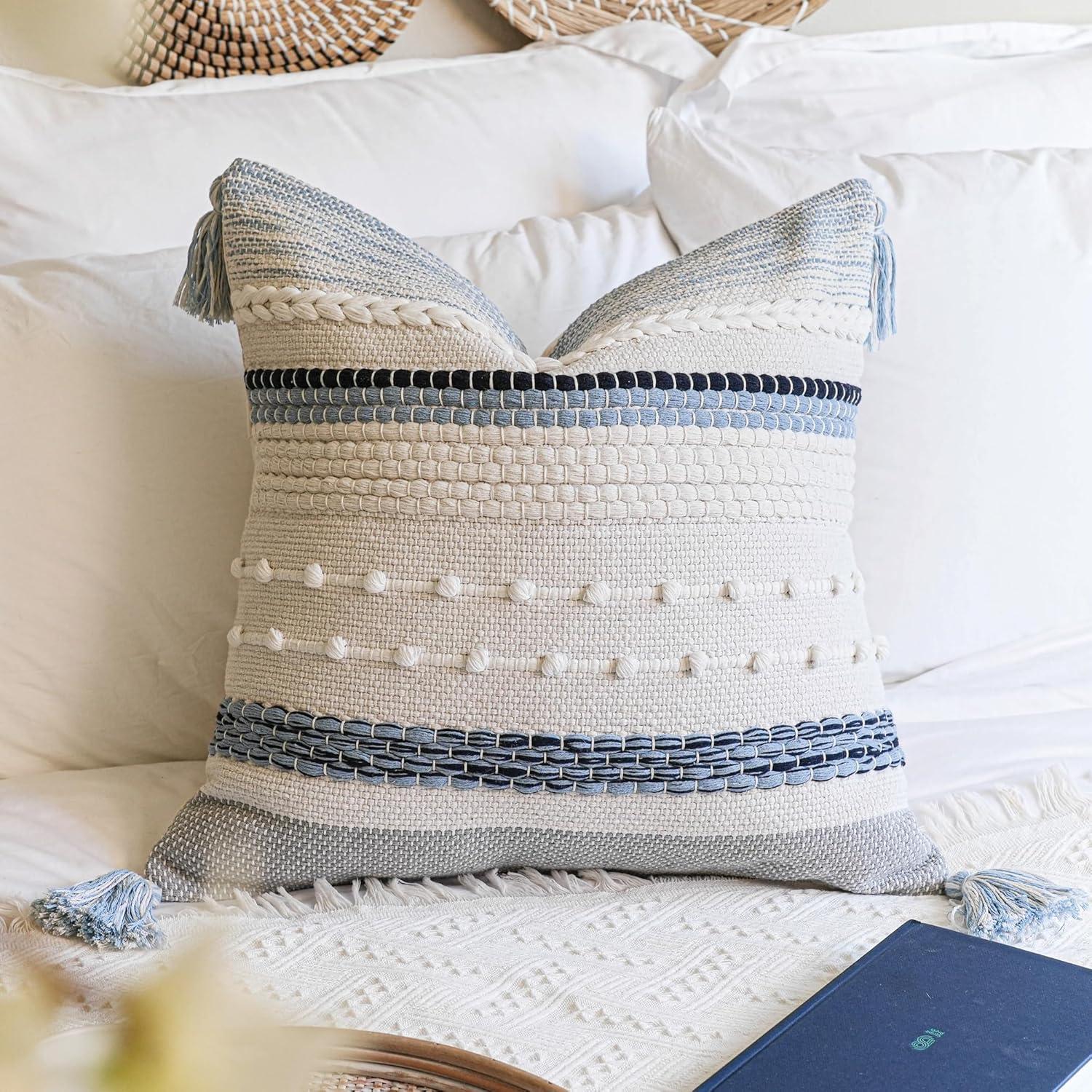 Coastal Blue Boho Decorative Throw Pillow Cover 20x20 Modern Bohemian Accent Pillow Case Square Woven Textured Farmhouse Pillows for Couch Bed (Pack of 1)