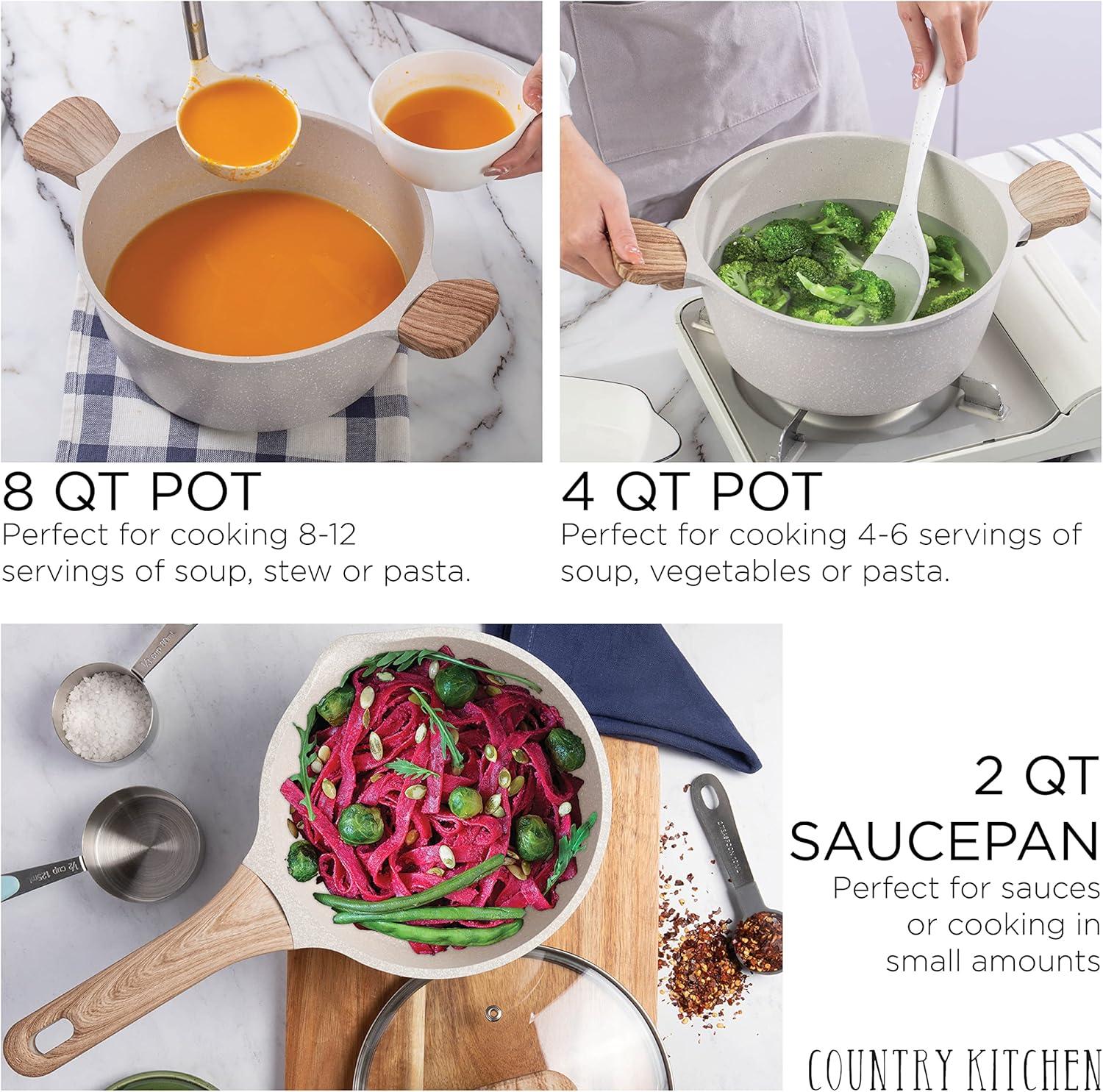 Country Kitchen 8-Piece Pots and Pans Set, Durable Kitchen Cookware Set, Cream