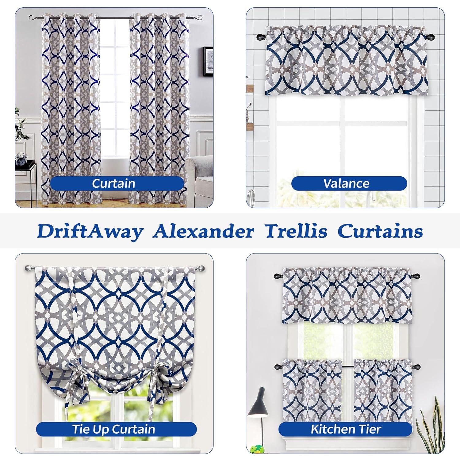 DriftAway Alexander Spiral Geo Trellis Pattern Window Curtain Valance Rod Pocket 52 Inch by 18 Inch Plus 2 Inch Header Navy and Gray 1 Pack