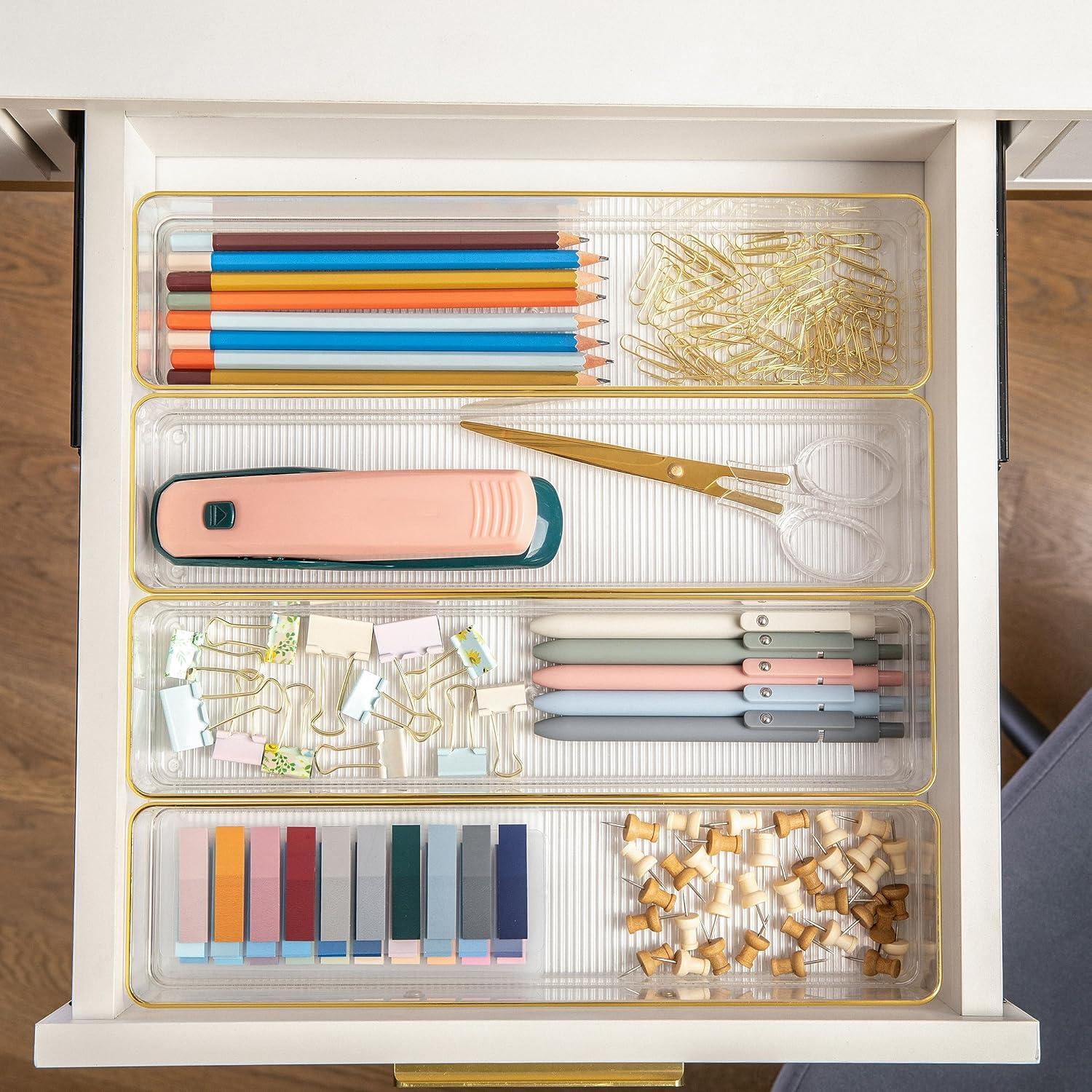 Thomas Martha Stewart Plastic Stackable Office Desk Drawer Organizers with Metallic Trim, 9" x 3"