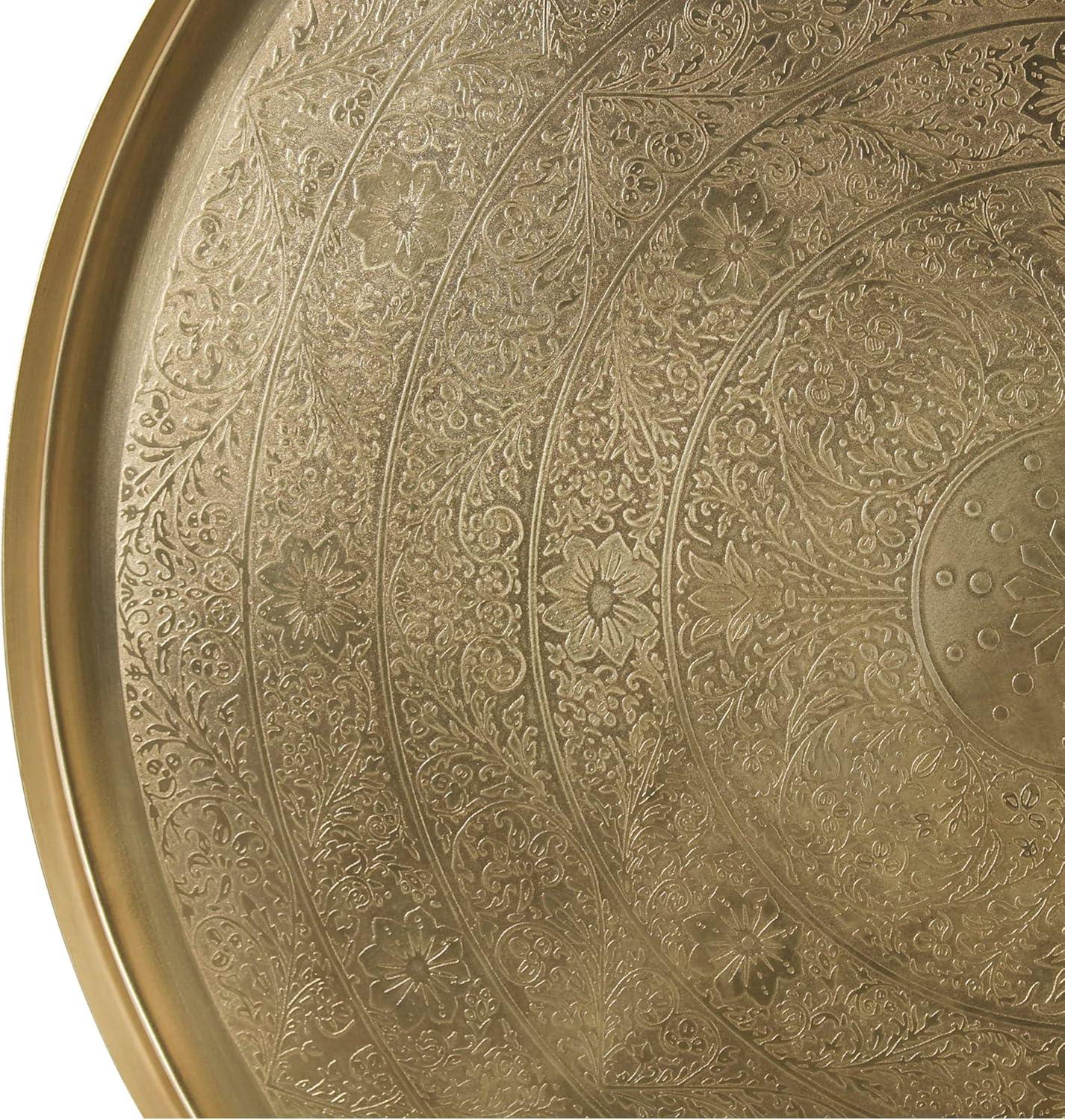 Eros Large Round Tray Top Collapsible Brass Coffee Table with Etched Flower Design by East at Main 29"Dia x 16"H