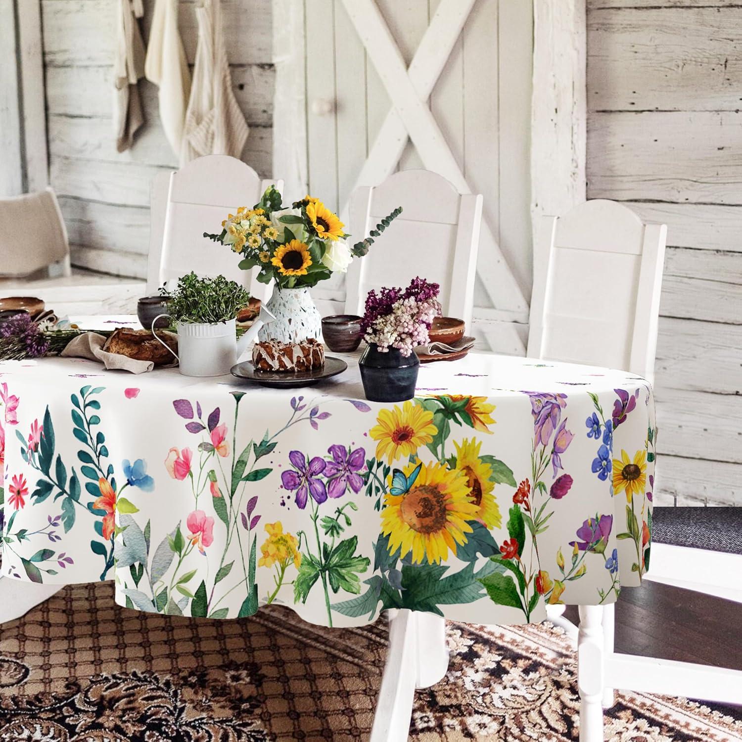 Oval Floral Watercolor Polyester Tablecloth, 60 x 84 inches