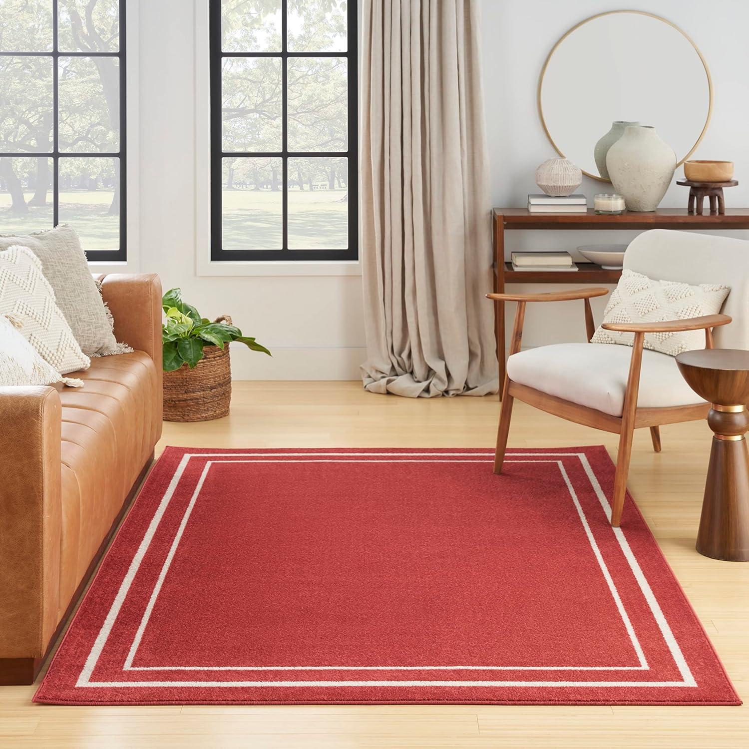 Nourison Essentials Solid Bordered Low Pile Indoor Outdoor Area Rug 5' x 7' Brick/Ivory