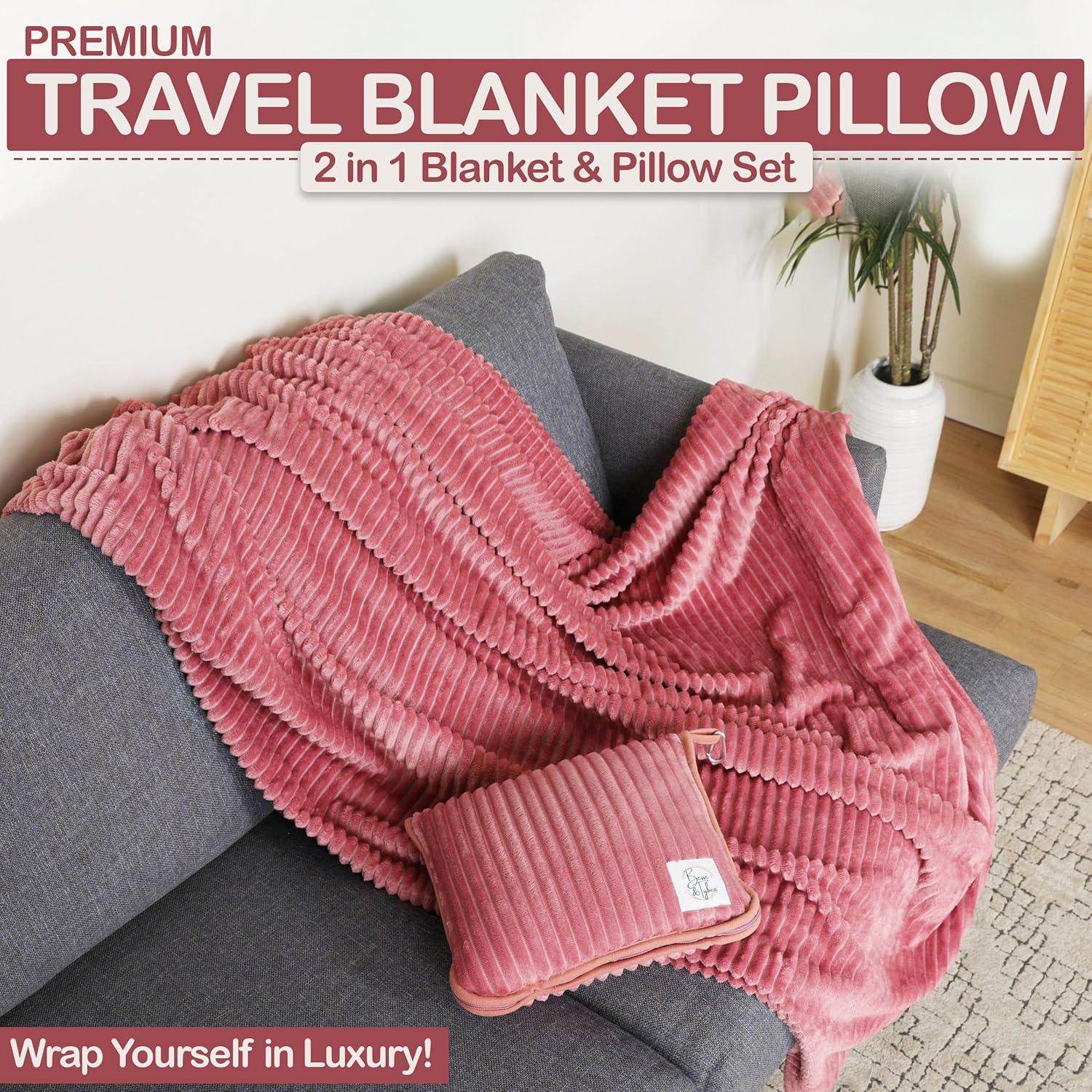Premium Travel blanket pillow - XL 50"x70" | 2 in 1 Travel Blanket Airplane Compact with Bag having Hand Luggage Sleeve & Backpack Clip | Roadtrip, Hiking and long flight must haves | Airplane Comfort